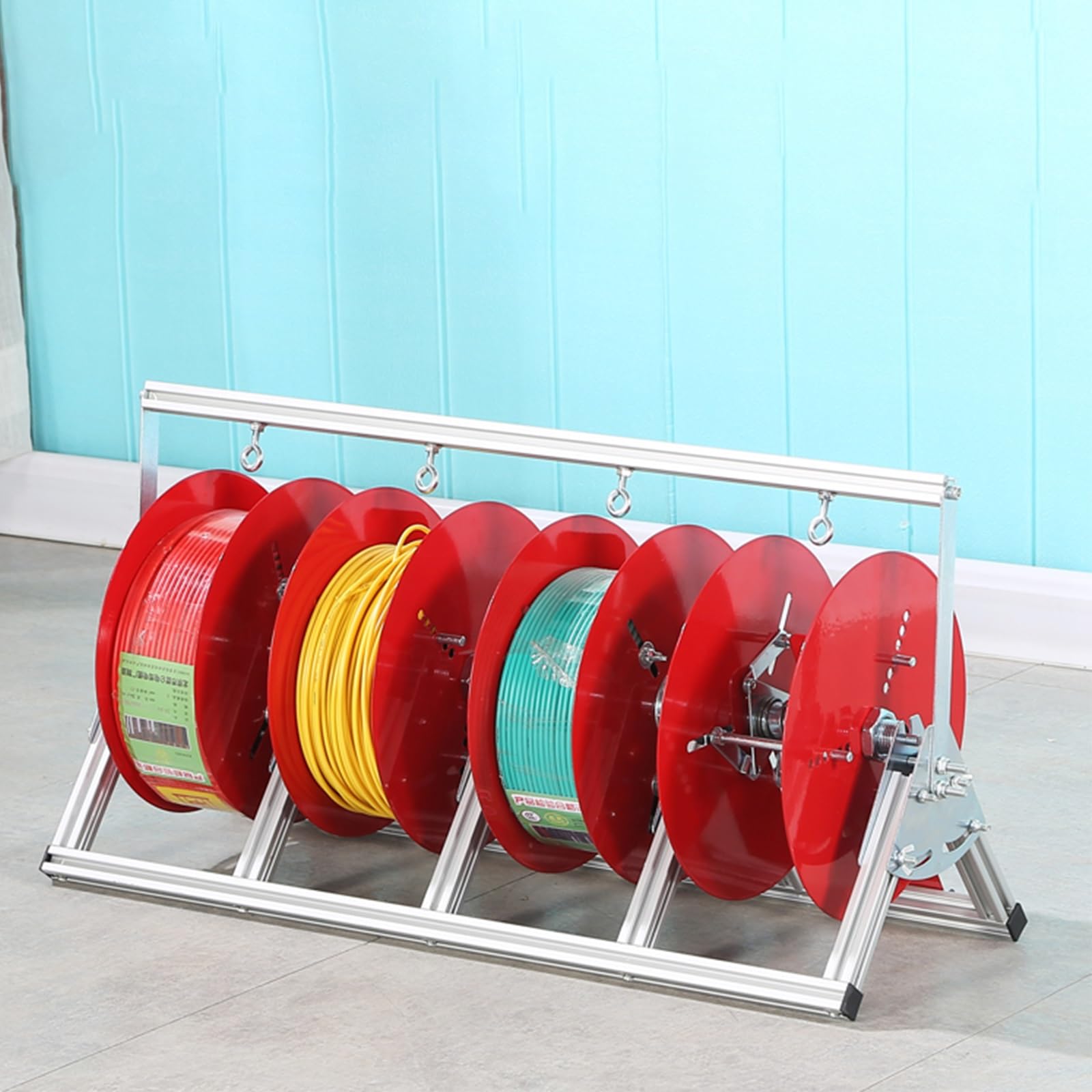 WDSOPK Spool Storage Rack Aluminum Alloy, Easy to Organise Wire/Rope/Paracord - Foldable Spool Holder for Cables, Space Saving - Wire Spool Dispenser Independent Rotation Bearing (4 Reels)