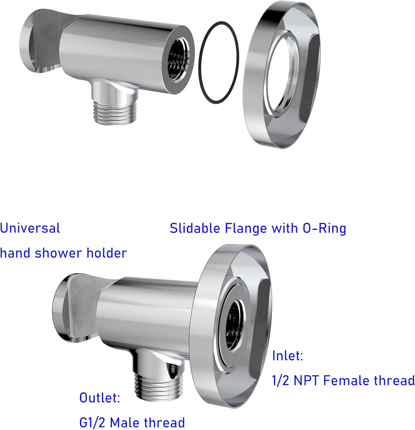 Aquaiaw Wall Supply Elbow with O-Ring Flange, Tapered 1/2 NPT Female Inlet, Solid Brass Wall Union With Handshower Holder, Round Wall Supply Elbow With Hand Held Shower Head Bracket, Polished Chrome