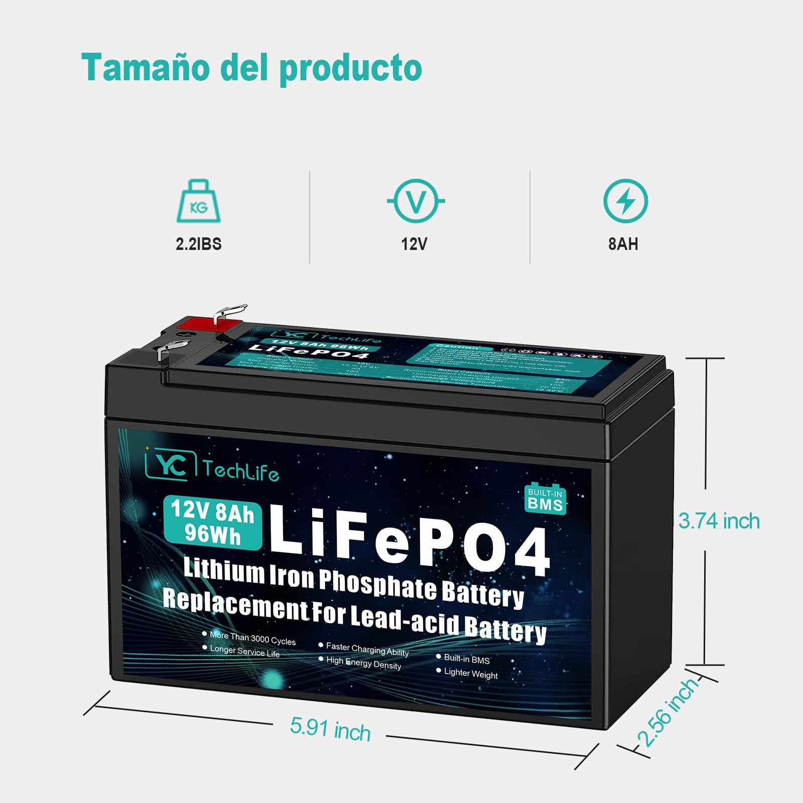 Batería Lifepo4 12V 8Ah, Bateria Litio Recargable de Ciclo Profundo con más de 3000 ciclos, BMS Integrado de 10A, Utilizada para Energía Solar/Eólica, Iluminación