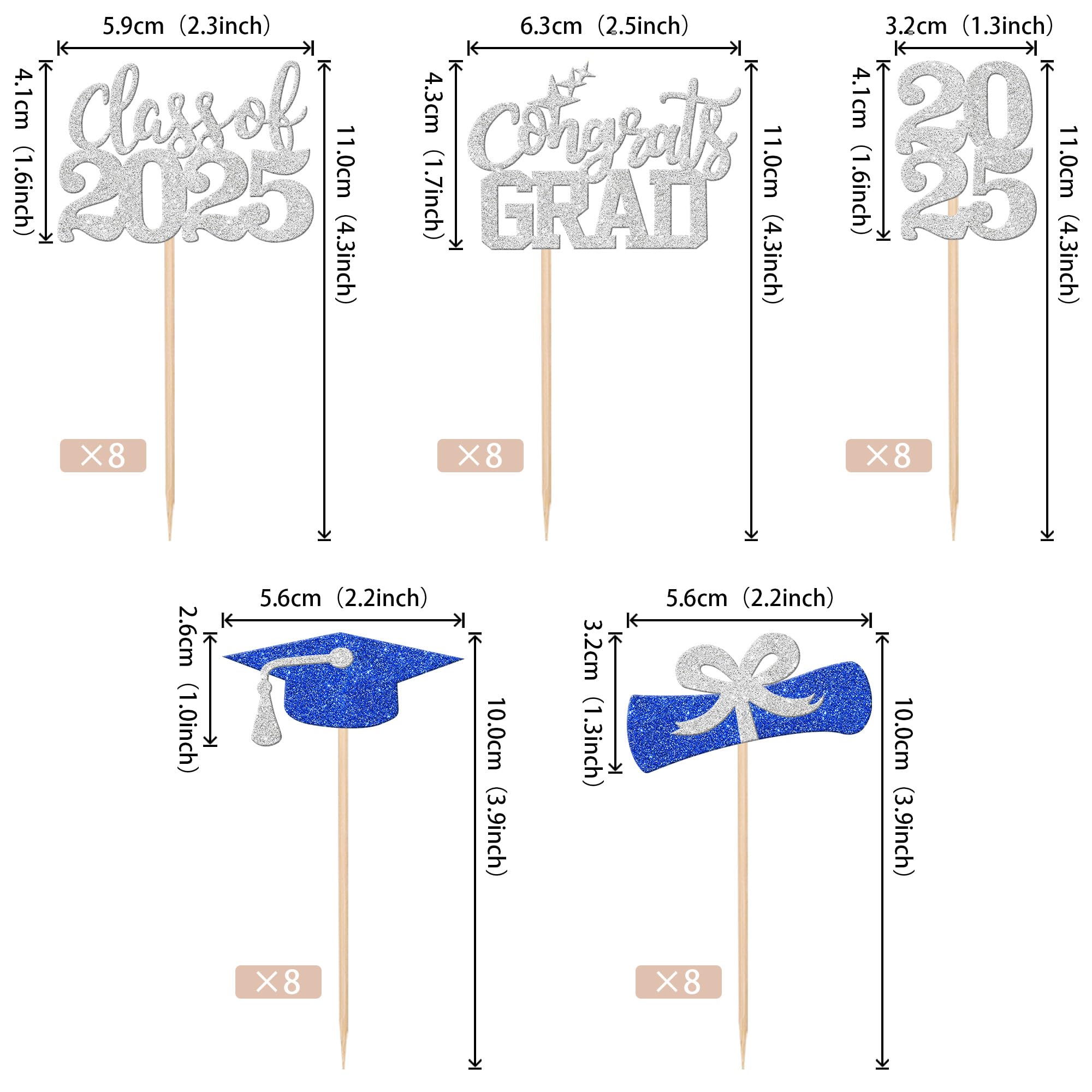 40 PCS 2025 Graduation Theme Cupcake Toppers Glitter Congrats Grad 2025 Diploma Graduation Cap Cupcake Picks for Class of 2025 Graduation Theme Party Cake Decorations Supplies Blue Silver