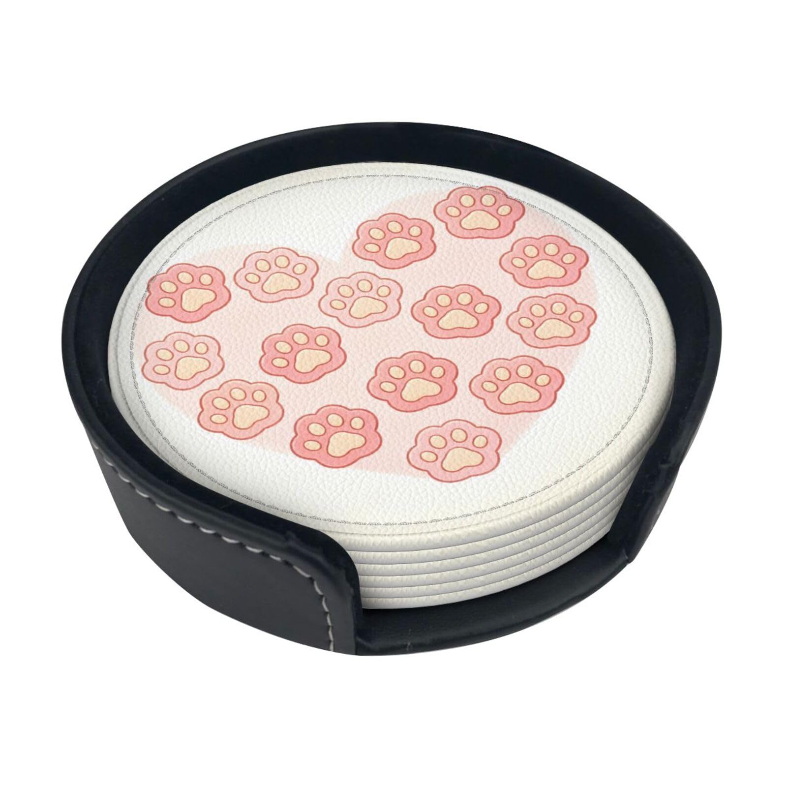Dog Paw Heart Leather Coasters-Set of 6 with Storage Holder