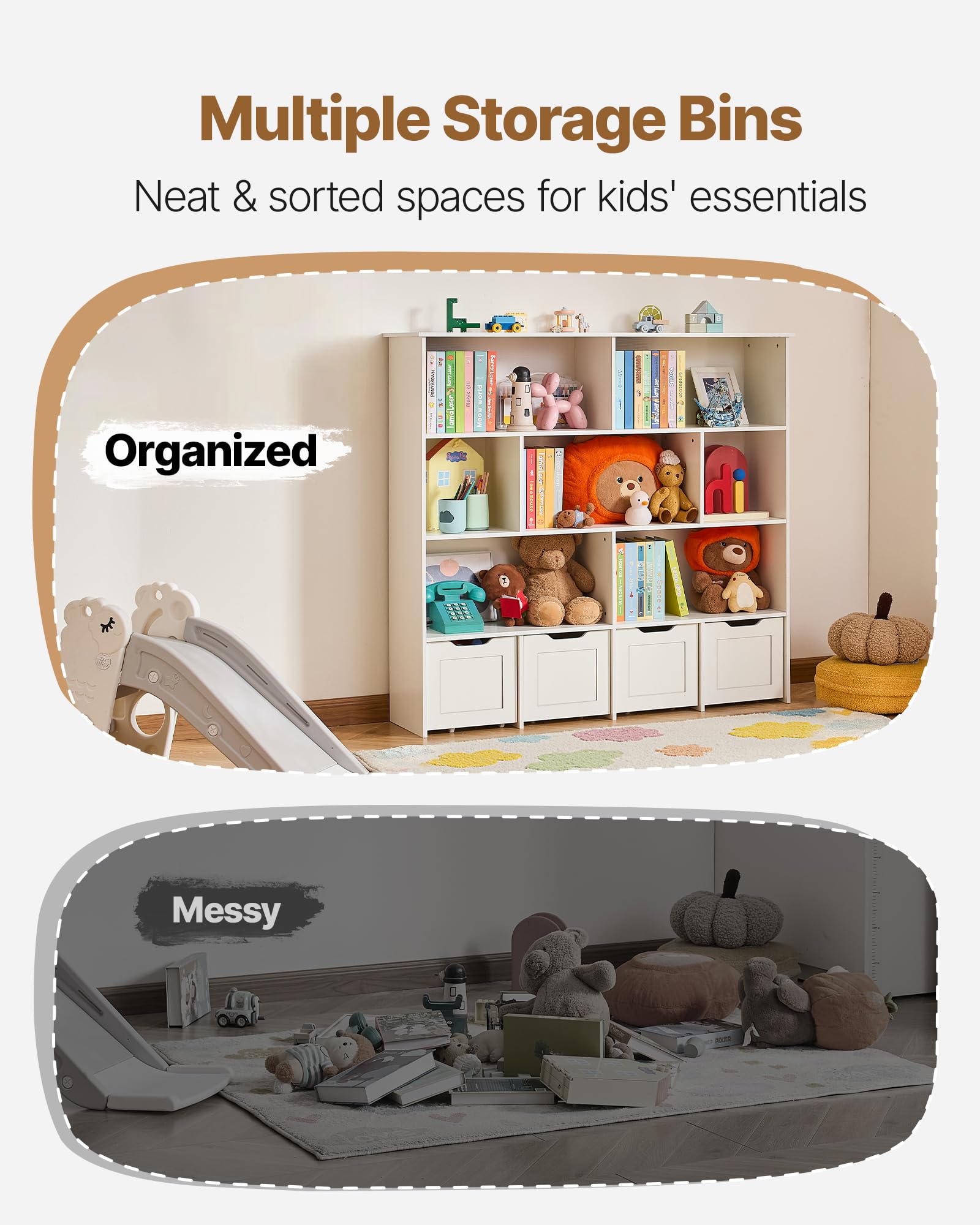 VEVOR Kinderregal Bücherregal aus Holz mit Stauraum, Spielzeugschrank mit 4 mobilen Schubladen, Aufbewahrungsschrank für Spielzeug, Spielzeugregal für Schlafzimmer Kinderzimmer Wohnzimmer, weiß