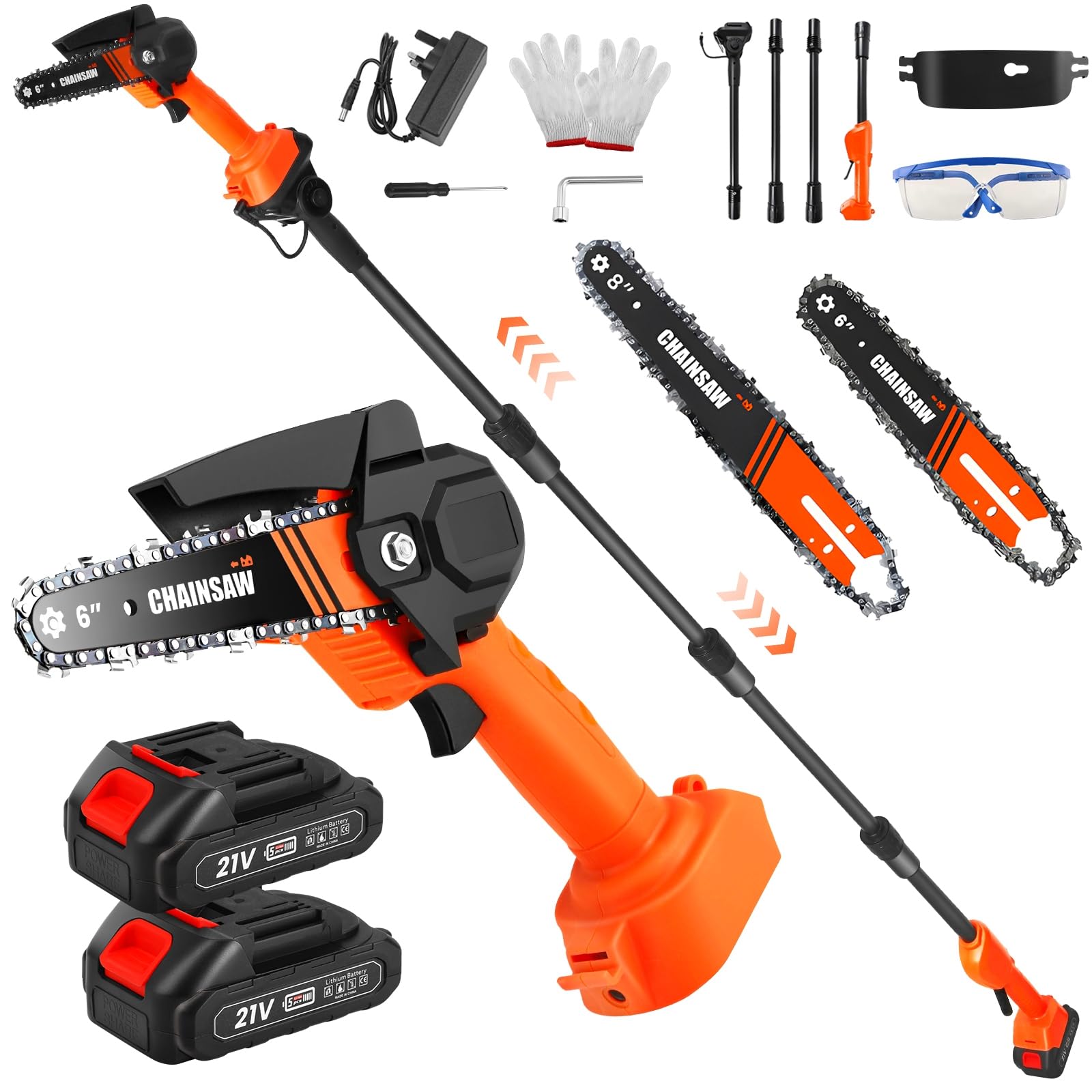 Cordless Pole Saw, 2-in-1 High Branch Saw & Handheld Garden Chain Saw, Electric Extension Chainsaw with 2*1.5AH Battery, 2.3m Long Reach Telescopic Pole Pruner ,150° Adjustable Head for Tree Trimming