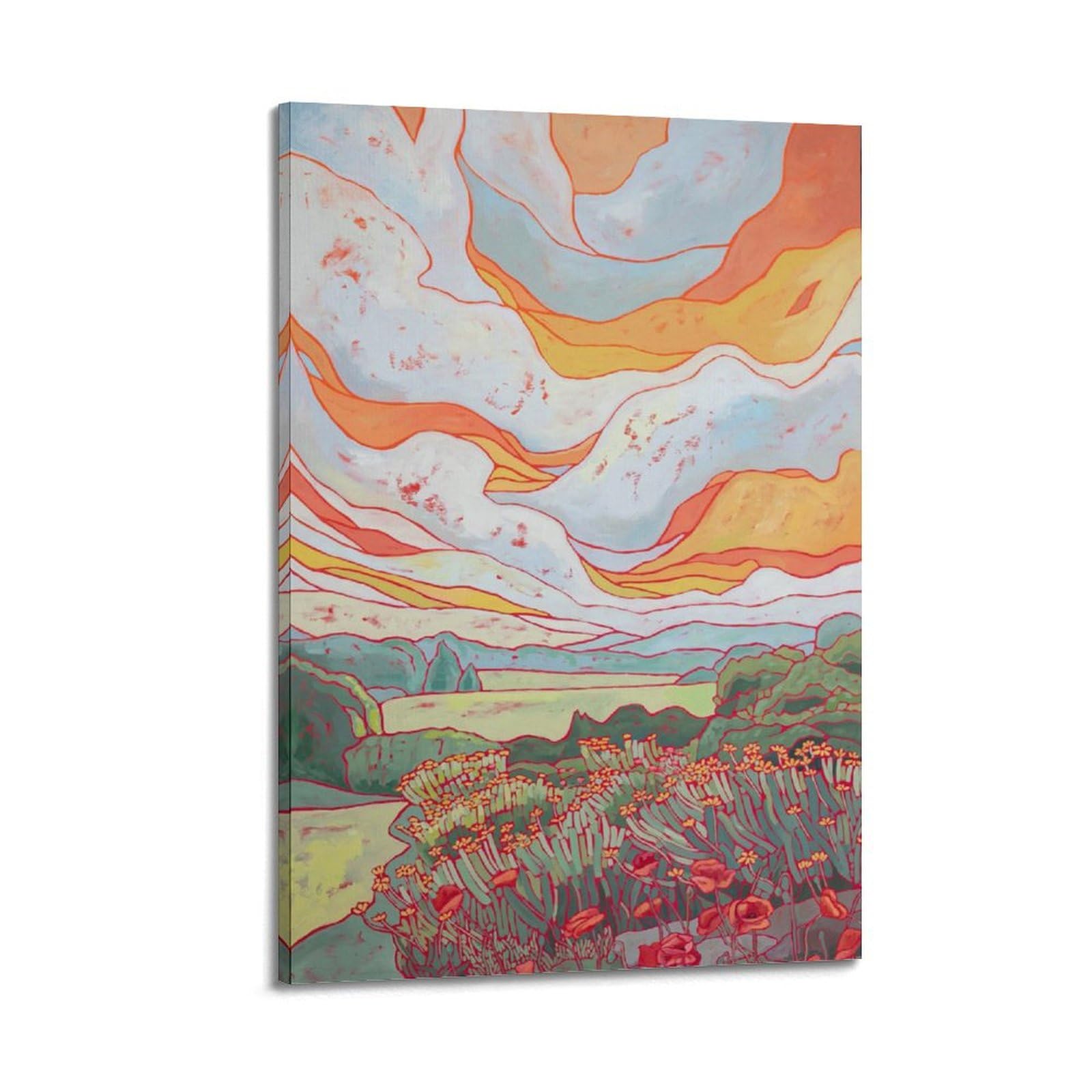 HANTOTN Abstract Landscape with Dynamic Clouds And Floral Foreground Artistic Wall Mural Modern Hanging Decor Poster12x18inch(30x45cm)