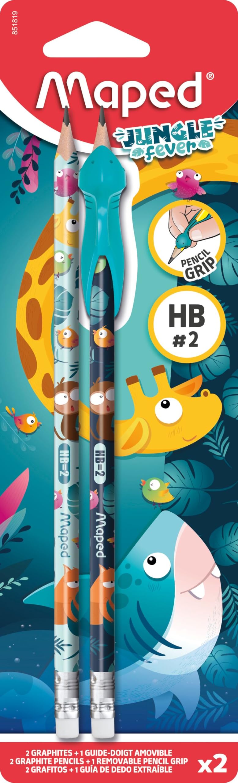Maped - 2 HB Pencils with Eraser Tip + Jungle Fever Finger Guide - Fun Tool for Learning to Write - Recommended by Teachers - Suitable for Ages 3 and Above