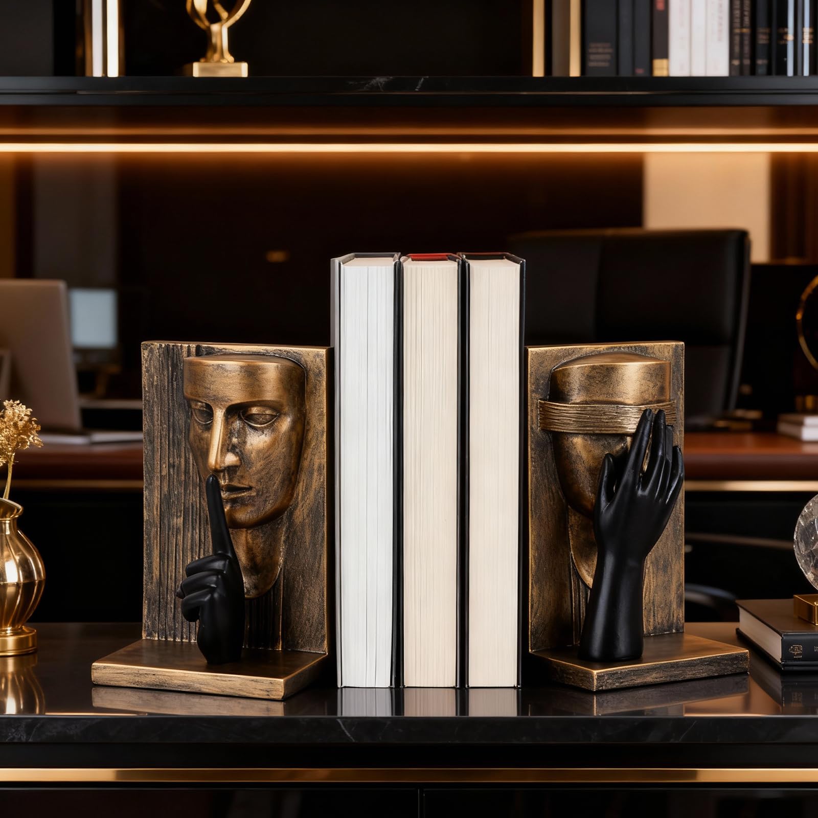 Set di 2 fermalibri con scultura astratta, stile moderno, nero e oro, statue decorative uniche per libreria, casa, ufficio e biblioteca (oro nero)