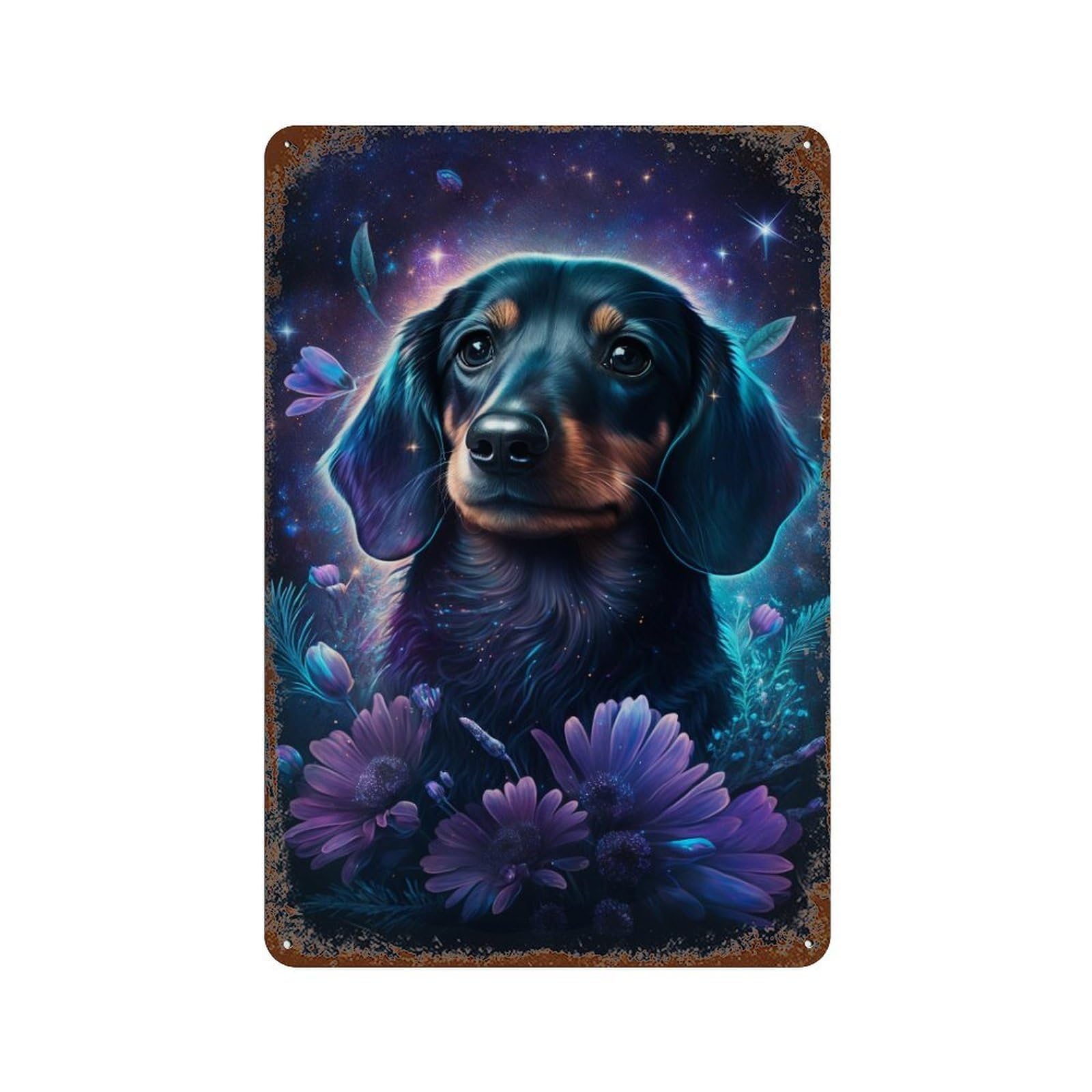 Garage Style Galactic Dachshund with Flowers -7 Distressed Metal Wall Sign 11.8"x7.9", Farmhouse Wall Decor for Bar And Workshop