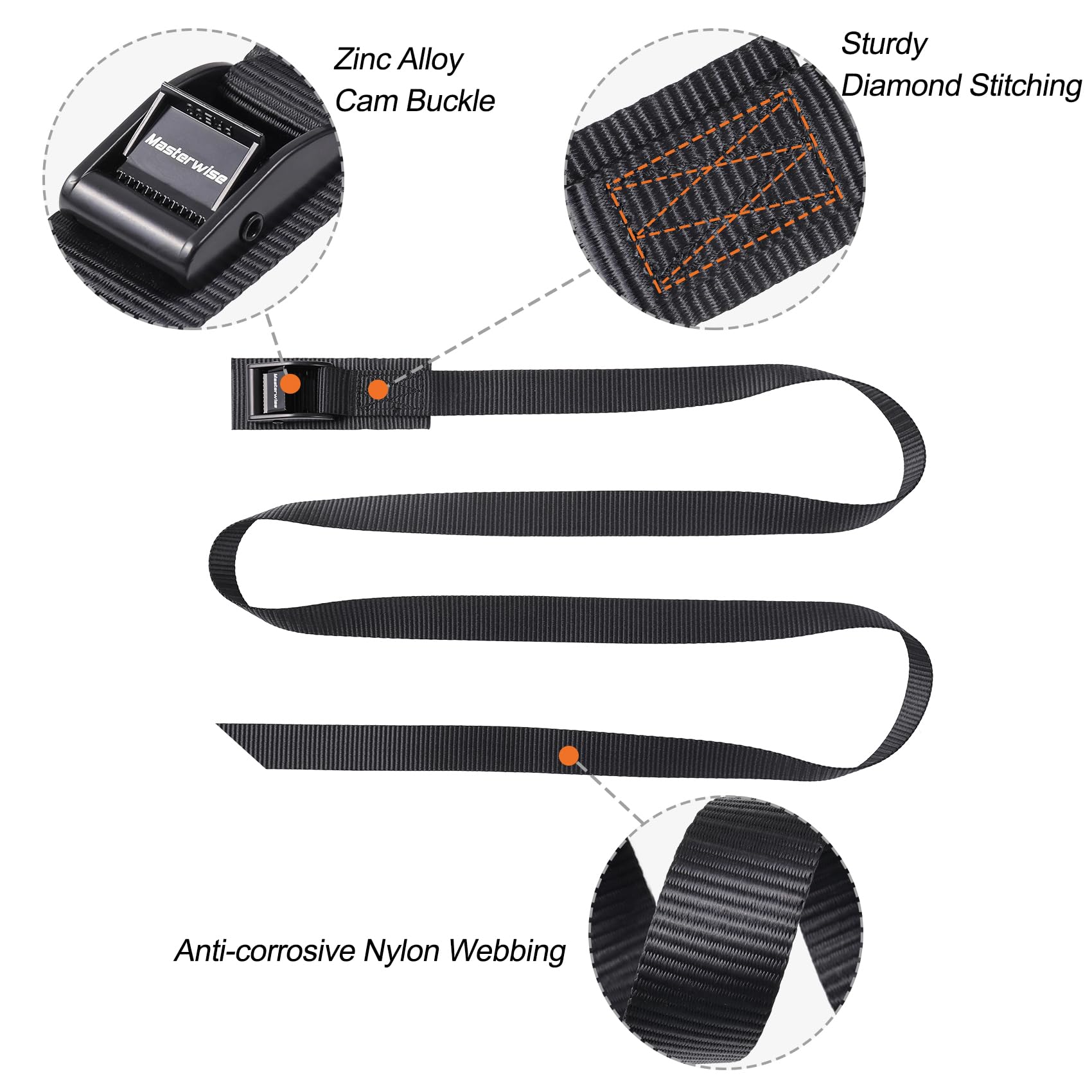 Cinghie regolabili con fibbia a camma, 2,5 cm x 30,5 cm, cinghie regolabili con fibbia a camma, cinghia resistente per kayak, SUP, carico, biciclette, moto, camion, portapacchi auto, moto da cross (4