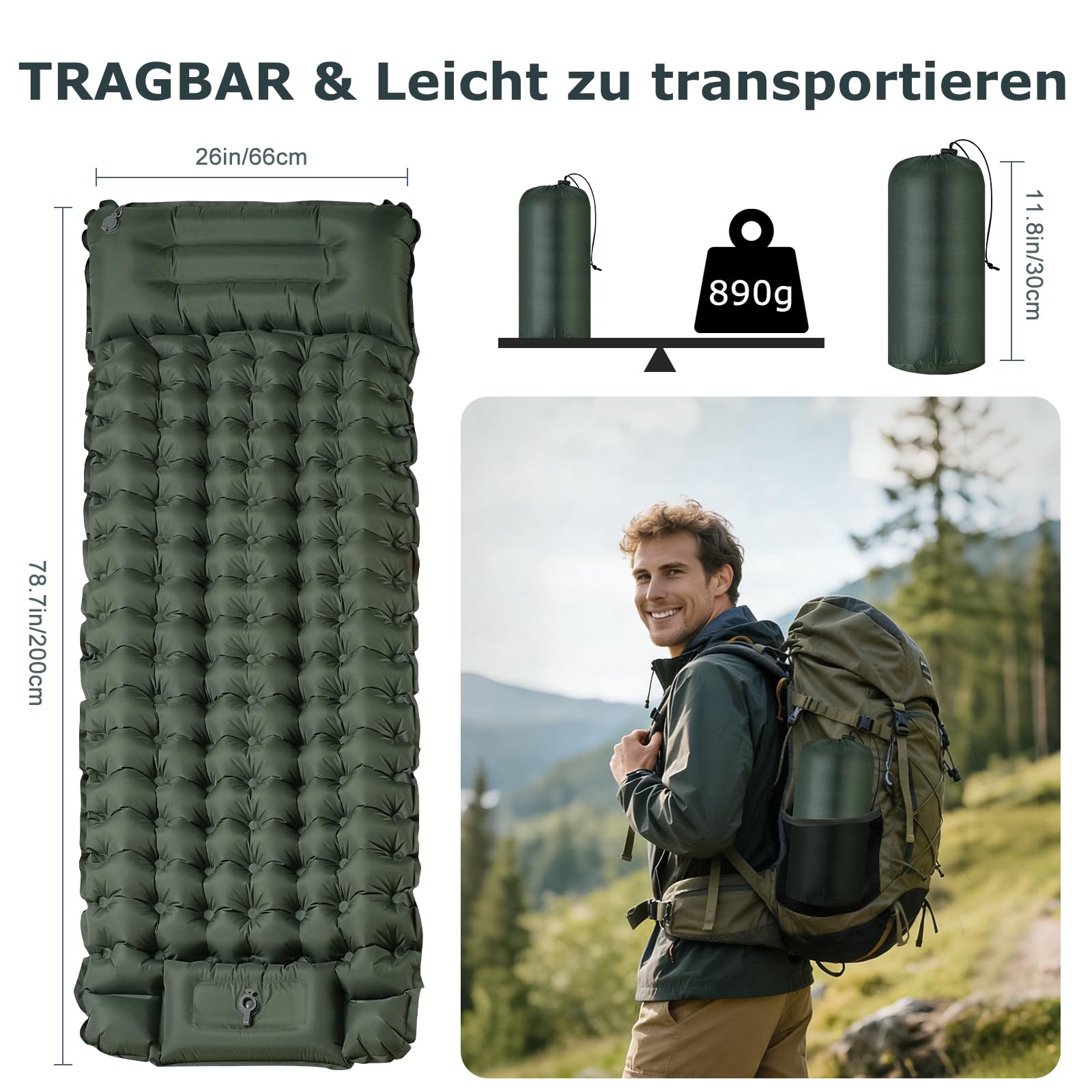 Isomatte Ultraleicht,Luftmatratze Camping,Aufblasbar Matratze mit Fuß pumpe,Tragbar Air Mattress bis Zu 300kg mit kissen,Kompakte und Leichte Schlafmatte für Wandern,Strand,Zelt und Hiking-9cm hoch