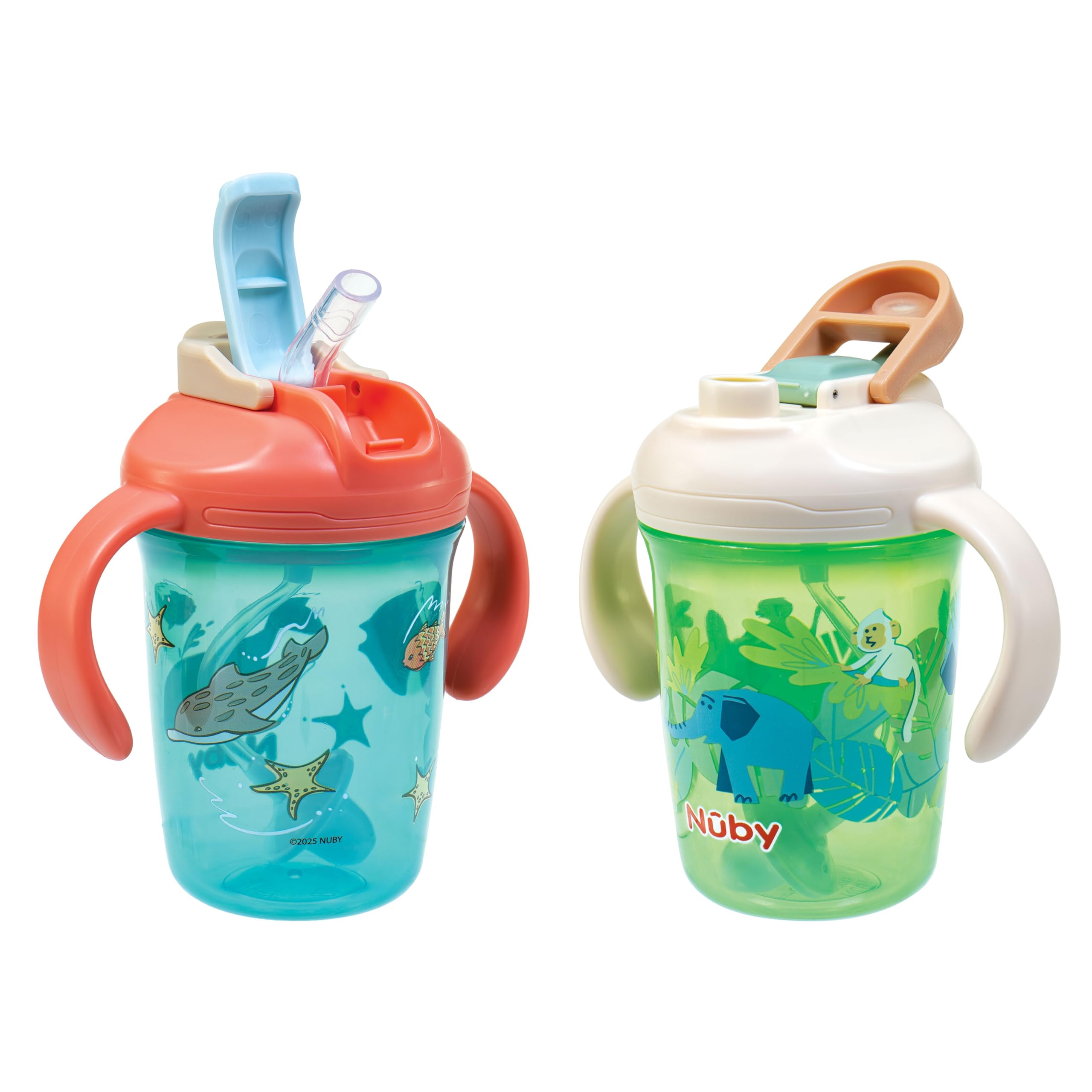 Nuby Kids 2 in 1 Mug with 360° Weighted Straw and 8.35oz Hard Spout, Leak-Proof & Easy Grip Handles, Dishwasher Safe, Jungle/Ocean, Set of 2-image-39