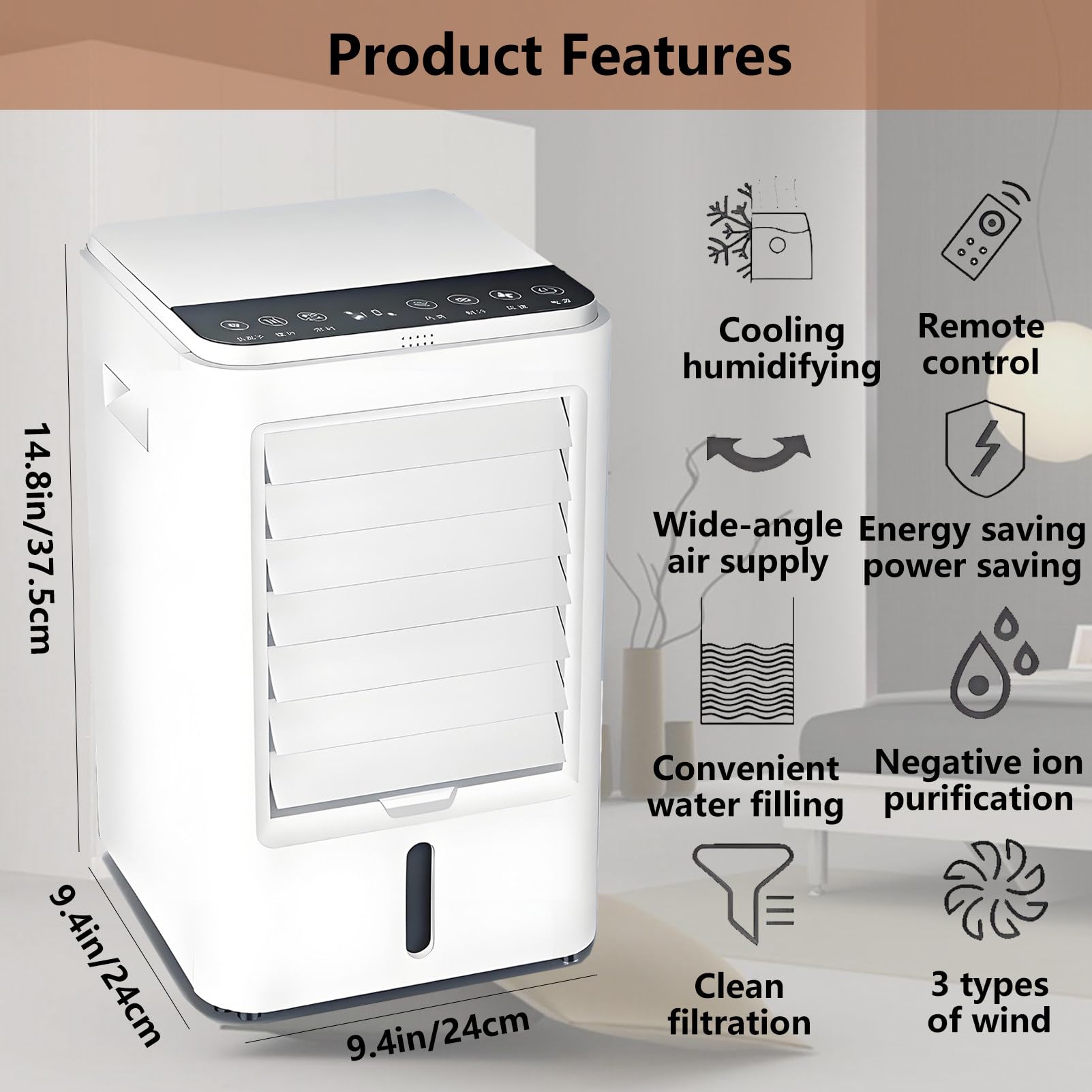 Condizionatore d'Aria Portatile 4 in 1 Raffrescatore Evaporativo con Telecomando Ventilatore Portatile a 3 velocità e Touch Screen per Casa Ufficio Auto E Campeggio 12VCar