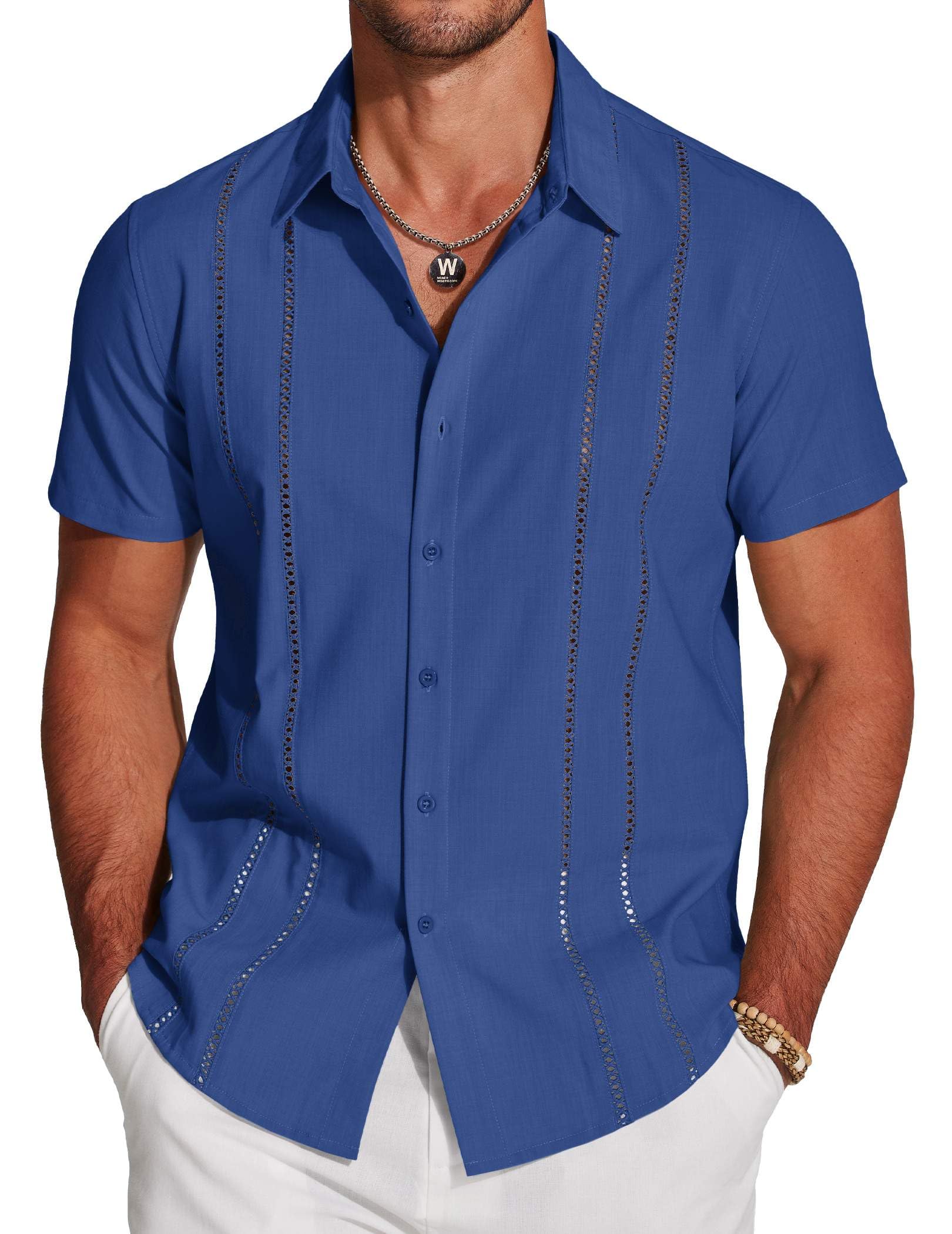 COOFANDY Men's Cuban Guayabera Shirt Short Sleeve Button Down Shirts Casual Summer Beach Linen Shirts