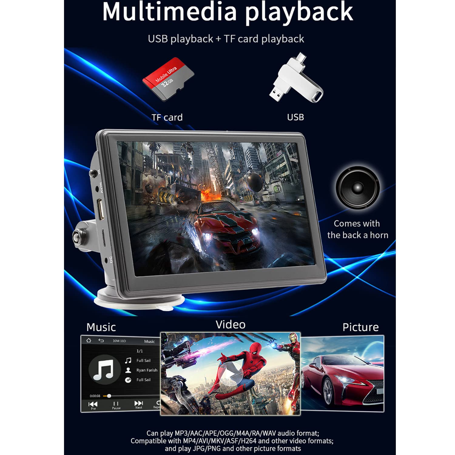 Autoradio portatile compatibile for wireless Carplay e Android Auto, auto stereo monitor 7" con telecomando, telecamera posteriore, Mirror Link, Bluetooth, trasmettitore FM, porta scheda AUX/USB/TF