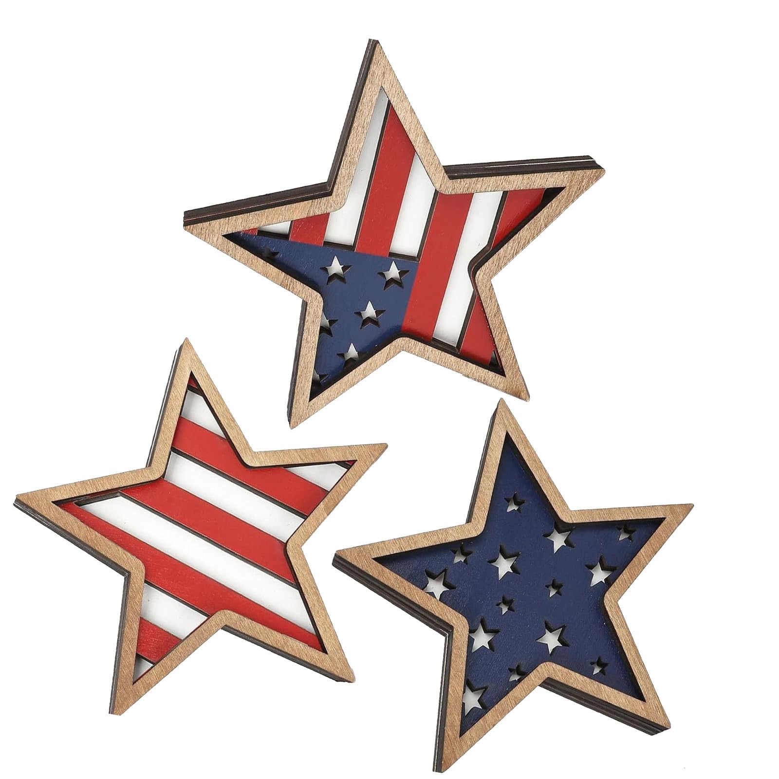 Kaeltsyn Farmhouse Inspired Stackable Wood Star Decorations 3PCS in Red White and Blue for Festive Occasions Themed Ornaments