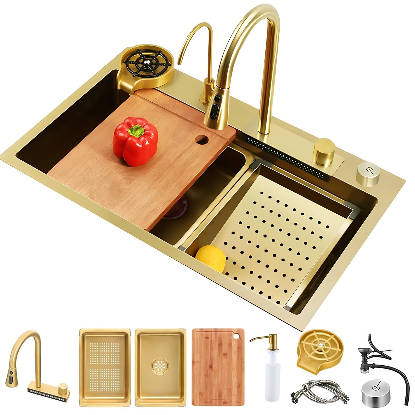 ZQFHSX Stainless Steel Waterfall Kitchen Sink Combo with Pull-Out Faucet Nano-Coated Topmount Single Bowl Workstation Accessories, Pressure Pot Washer, Cutting Board, Draining Basket(Gold,68x45cm)