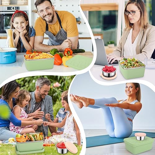 Miniatura 7 de Recipientes de acero inoxidable, contenedor de almacenamiento de alimentos de metal con tapas de silicona y funda protectora, reutilizable, pequeño,