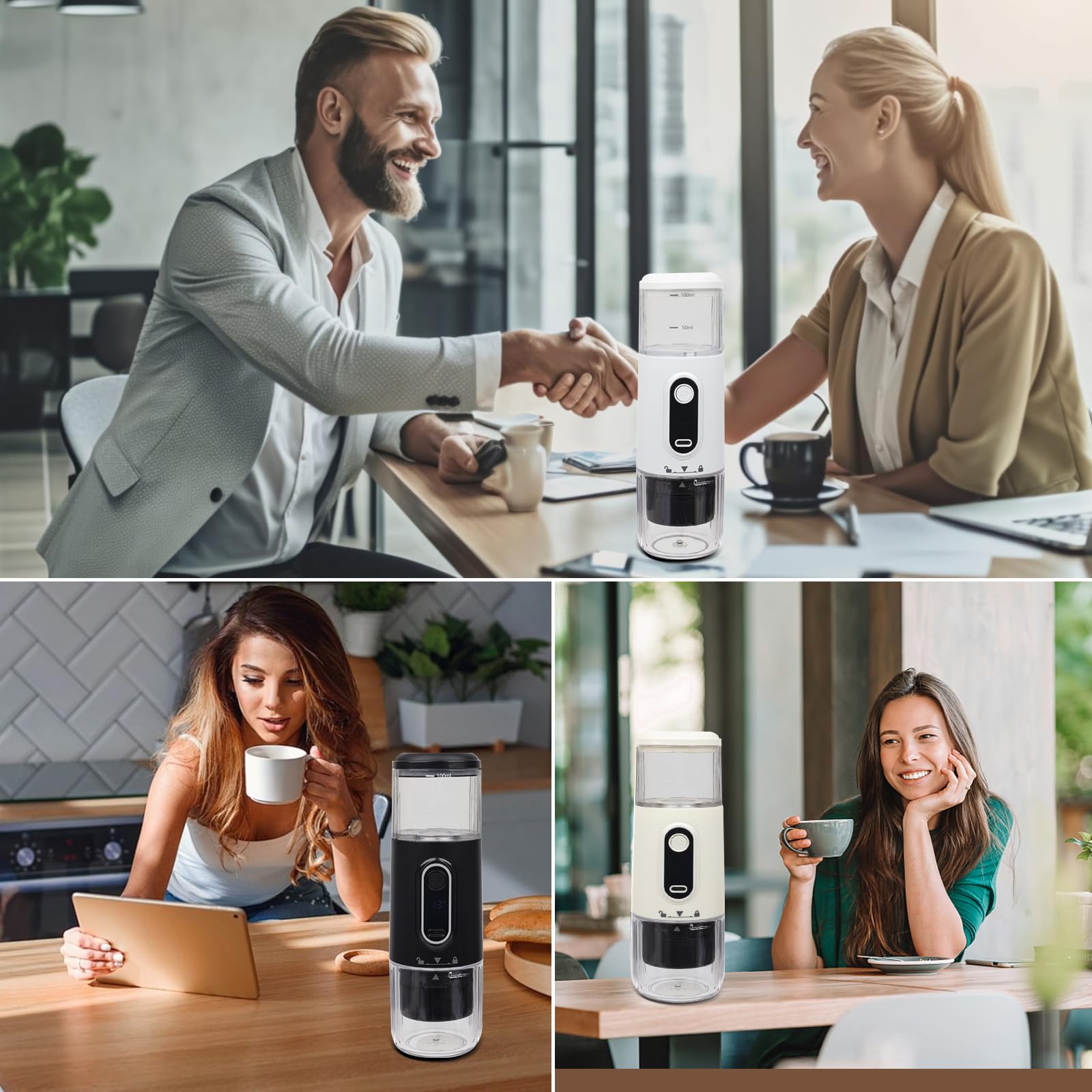 Kouamor Cafetera espresso portátil inalámbrica, cafetera de camping, autocalentamiento con USB-C, pequeña cafetera portátil compatible con café molido y cápsula NS (blanco)
