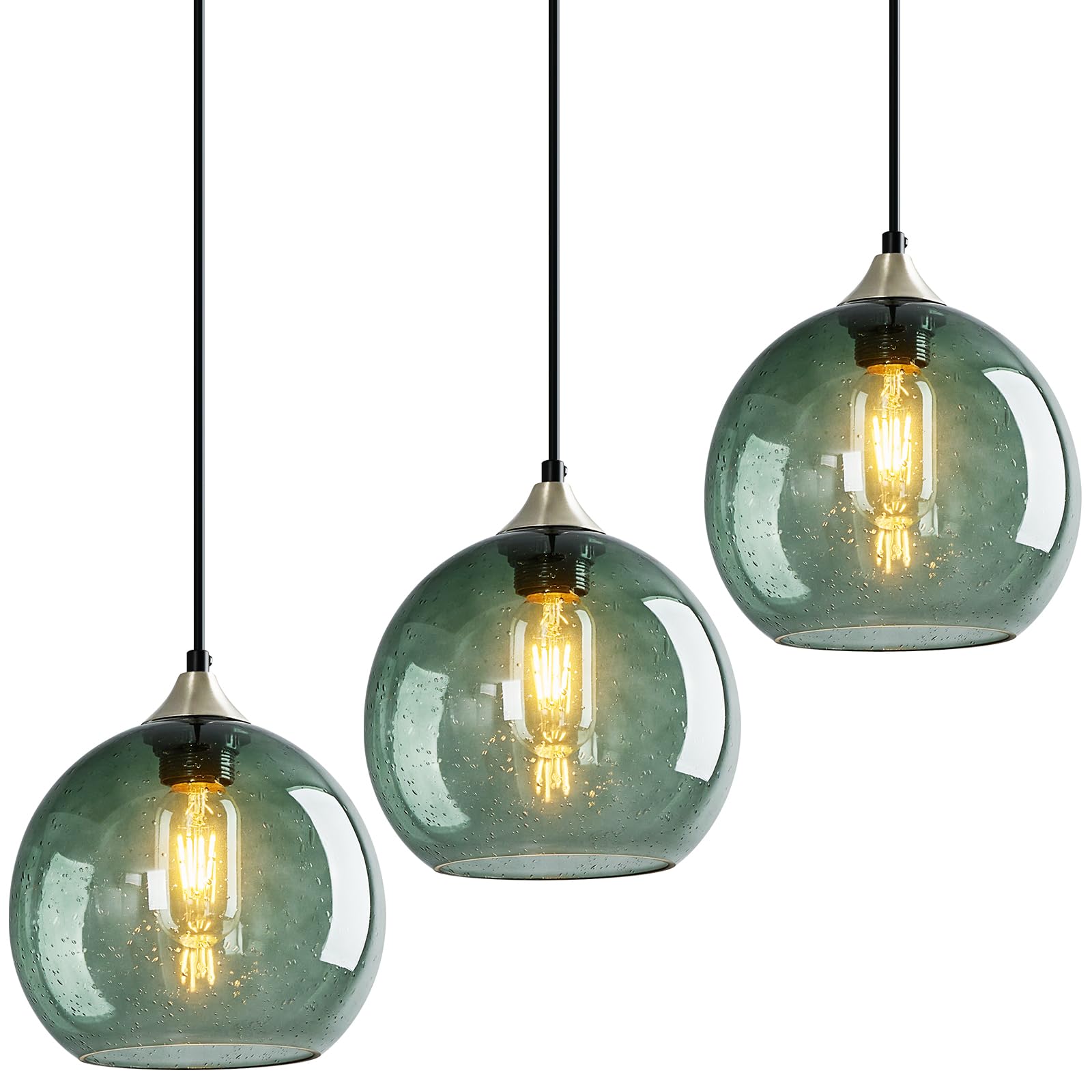 Sponsored Ad - Gray Green Glass Pendant Lights Kitchen Island Lighting Globe Pendant Light Fixtures Modern Pendant Lighting for Kitchen Island Bedroom Living Dining Room Light Fixture(7.87in, 3-Pack)