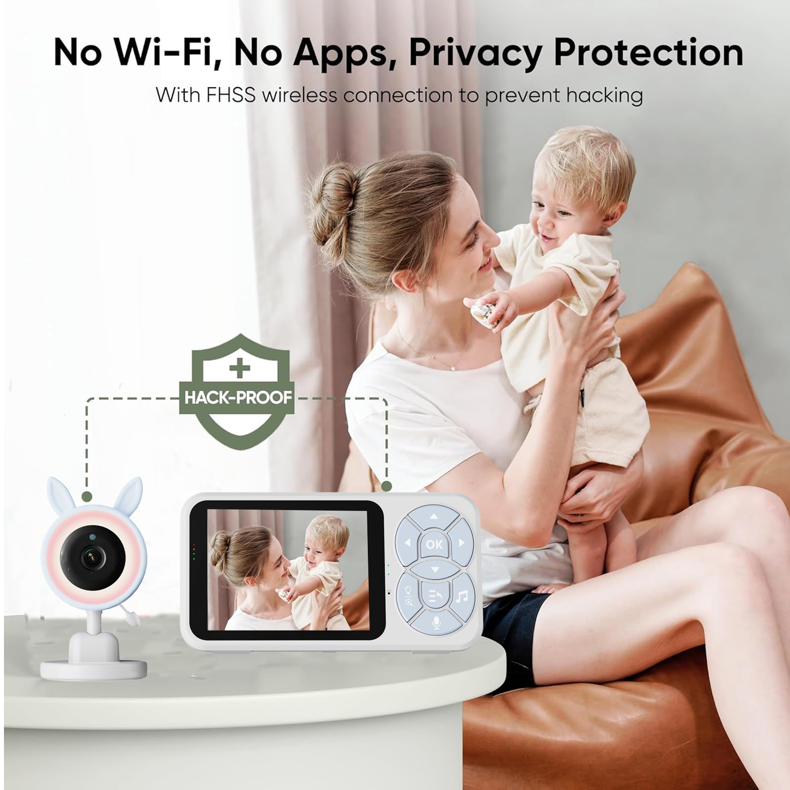 Camara Vigilancia Bebe, Monitor con Pantalla IPS 3.5", Sin WiFi Vigilabebes con batería de 30 Horas,Control Remoto Pan-Tilt-Zoom, 2 Vías Comunicación, Visión Nocturna y Canciones de Cuna