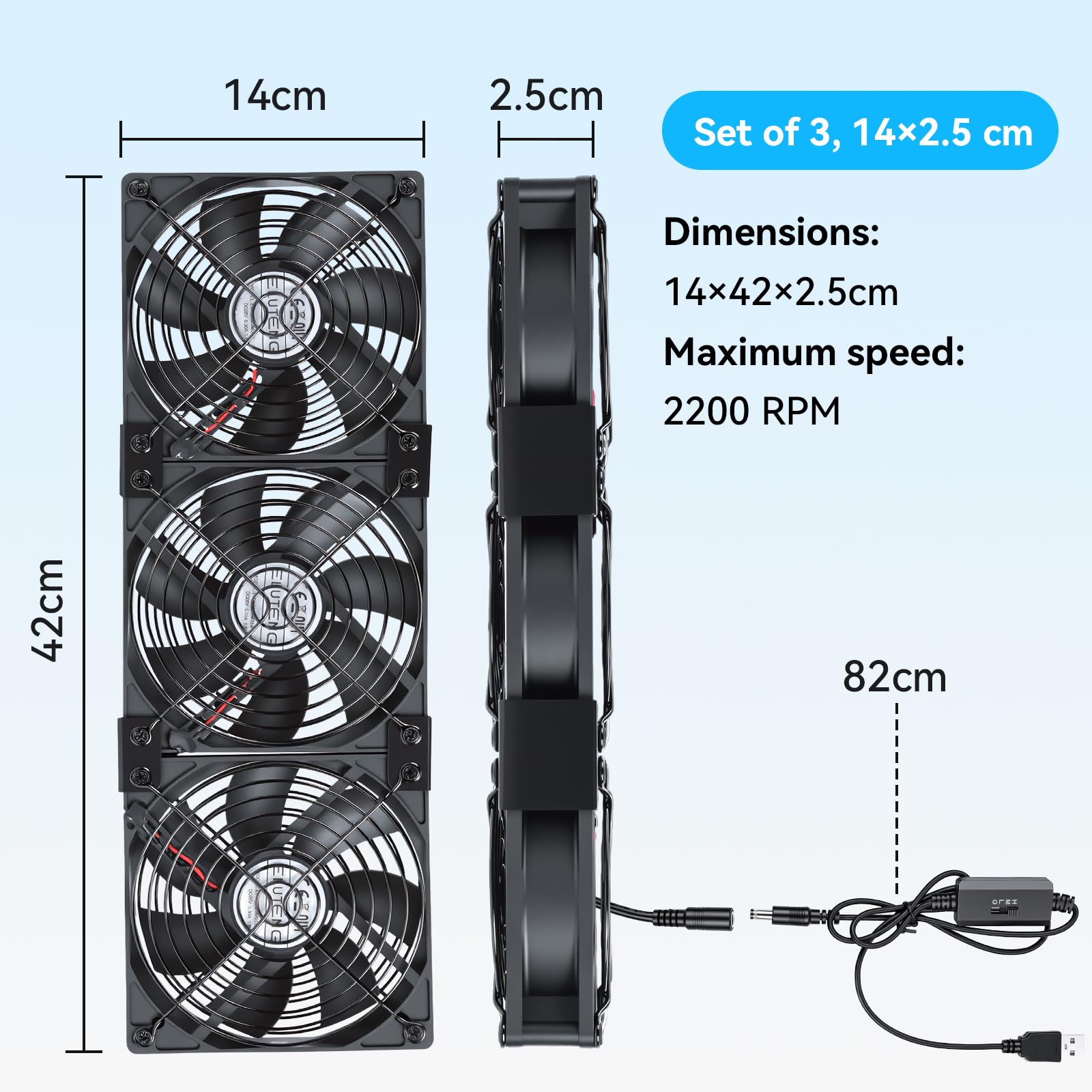 ELUTENG Potrójny Wentylator 140mm do Rack PC, DC 12V 3 Prędkości Regulowane