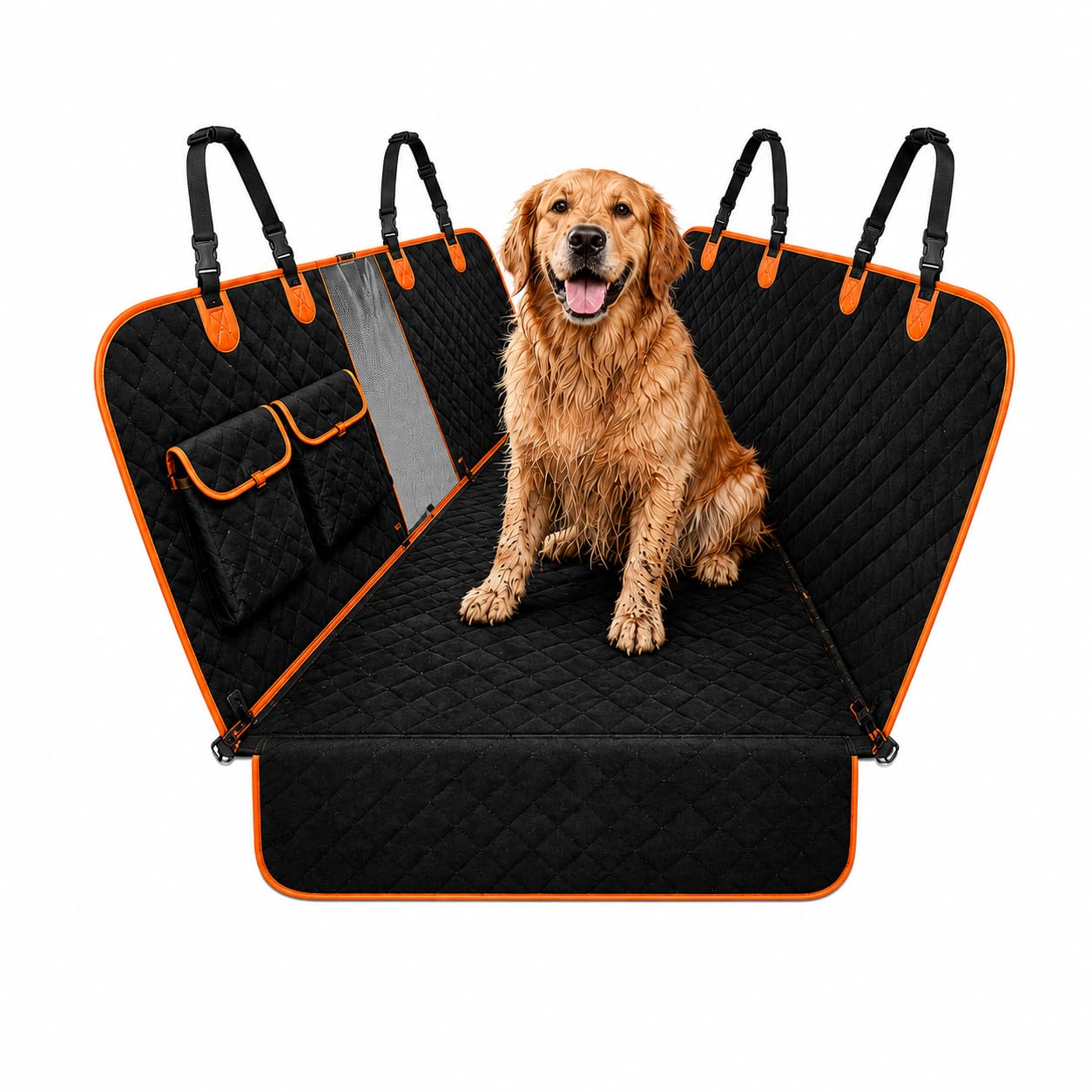 Dog Car Seat Cover Waterproof Non-Slip Scratch Proof Back Seat Hammock with Mesh Window, Universal Fit for Cars SUVs, Machine Washable Pet Seat Cover with Side Protection (Black)