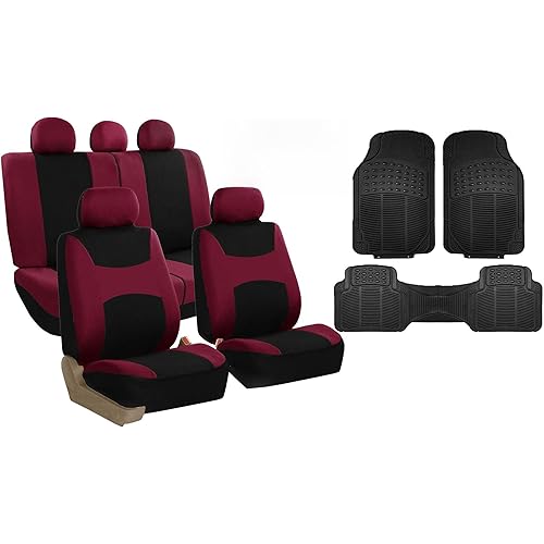 FH Group Light & Breezy Cloth Full Set Car Seat Covers (Burgundy/Black) Combo Set: Steering Wheel Cover, Seat Belt Pads and Black Vinyl Floor Mats – Universal Fit for Cars Trucks & SUVs