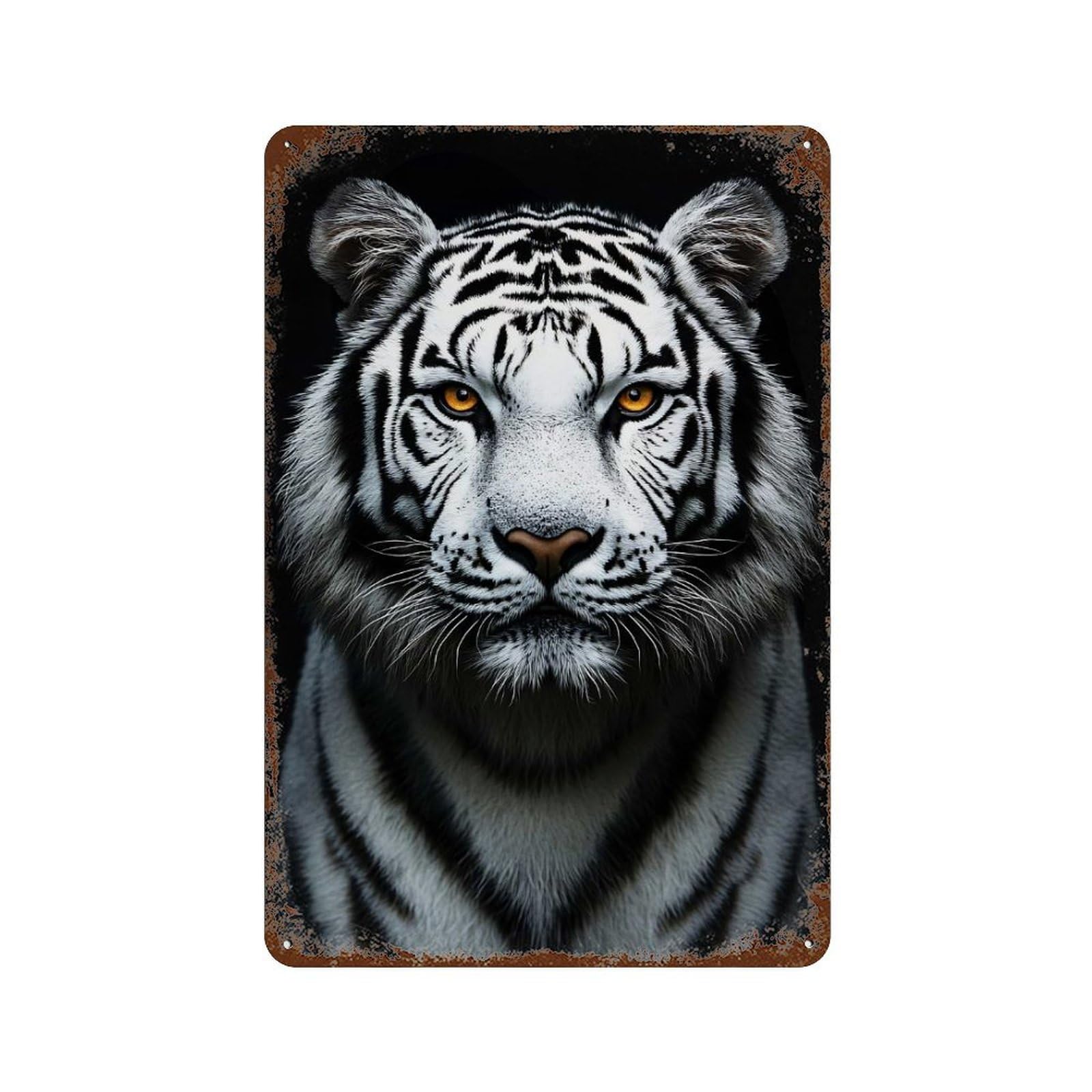 Majestic White Tiger Portrait on Black Distressed Metal Wall Sign 11.8"x7.9", Rustic Home Decor for Living Room, Hallway And Home Decor
