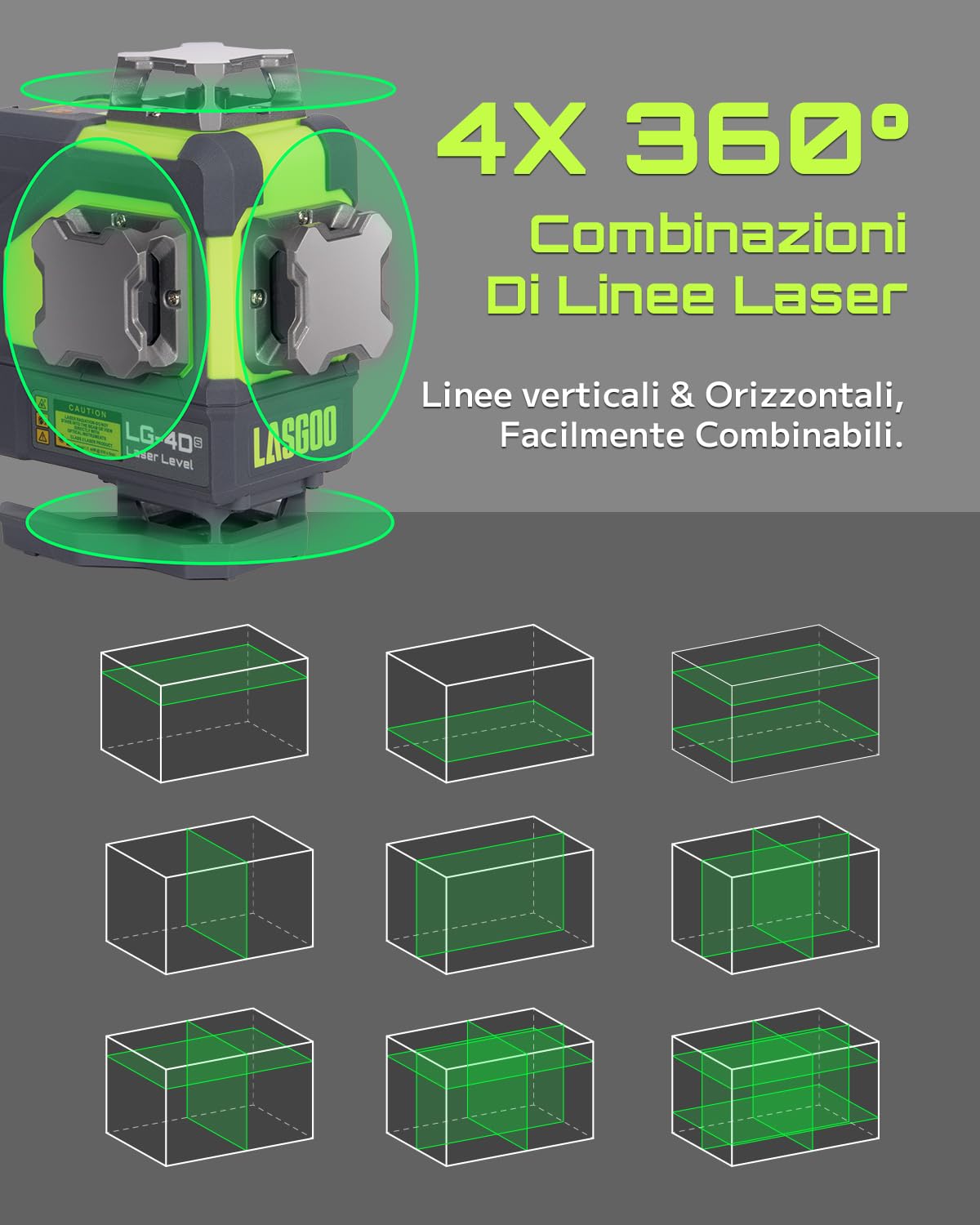Livella laser autolivellante LasGoo 4x360°, 16 linee laser verdi, per edilizia e decorazione, con 2 batterie ricaricabili agli ioni di litio e supporto magnetico, modello LG-4Ds