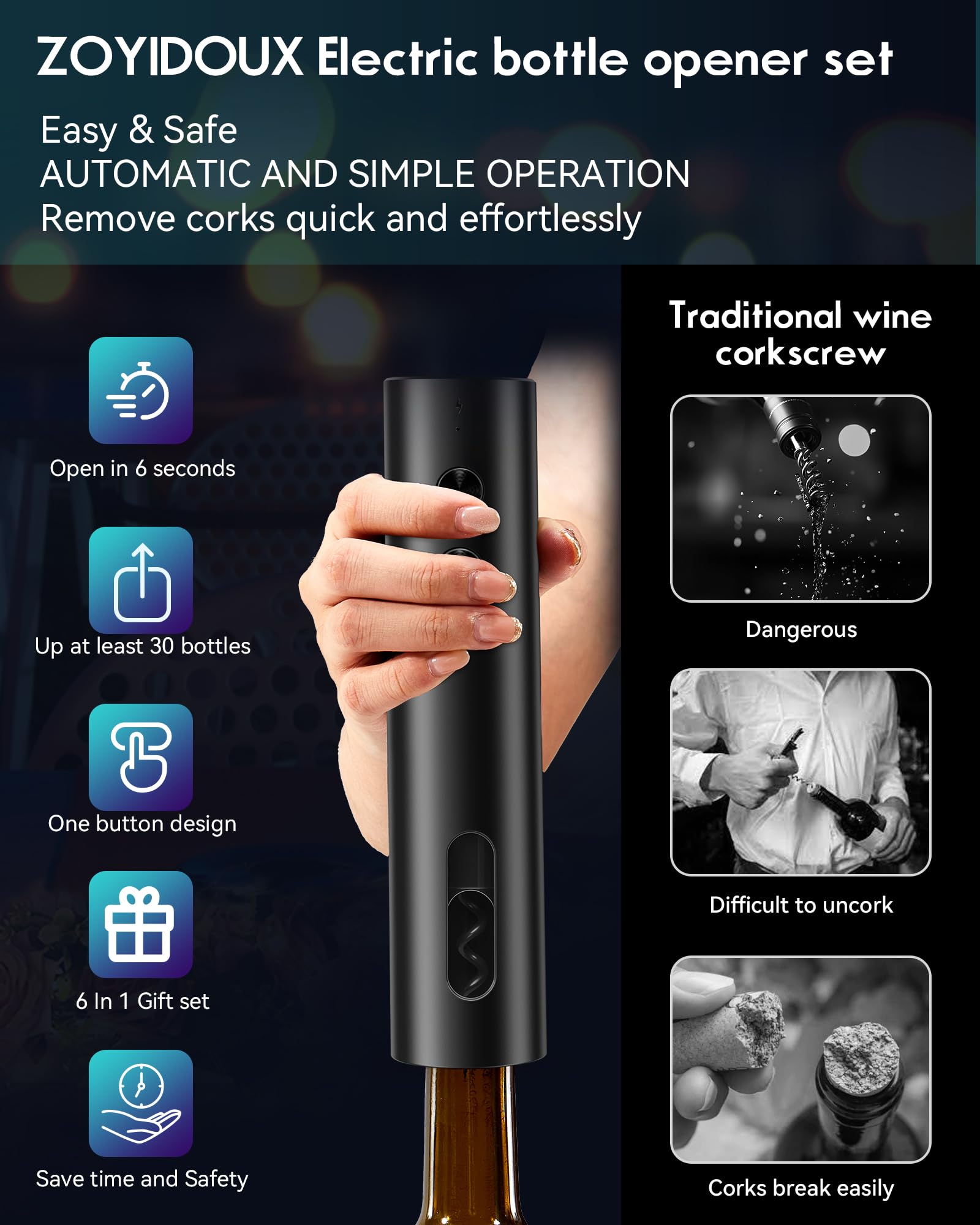 ZOYIDOUX Set di apribottiglie elettrico Rechargeable – Cavatappi elettrico USB-C con 2 tappi per vino sottovuoto, beccuccio e tagliacapsule, mini portatile, design opaco nero - 3