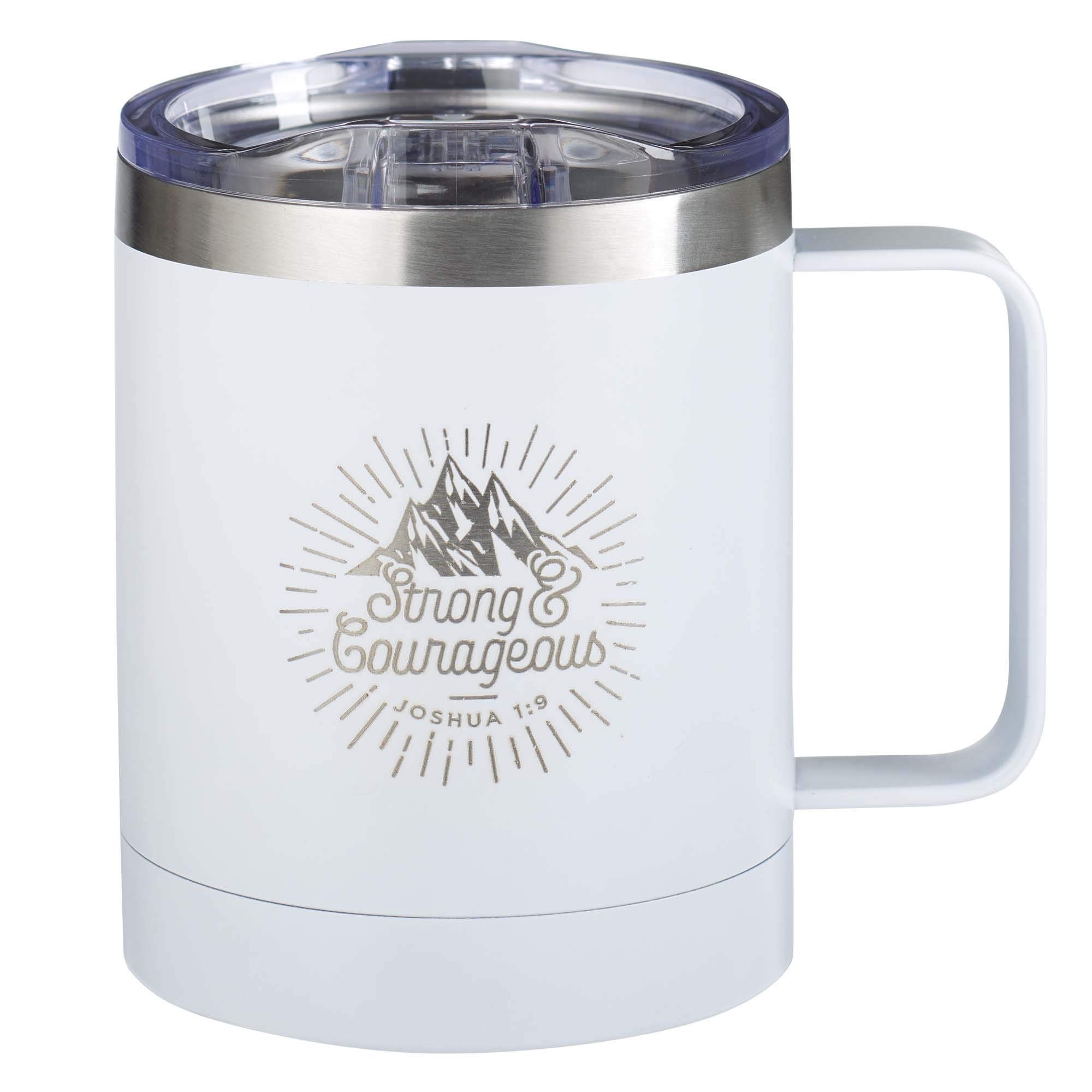 Christian Art Gifts Stainless Steel White Camp Style Travel Mug For Women and Men: Strong and Courageous - Joshua 1:9 - (11 oz Double Wall Vacuum Insulated Coffee Mug with Lid and Handle)