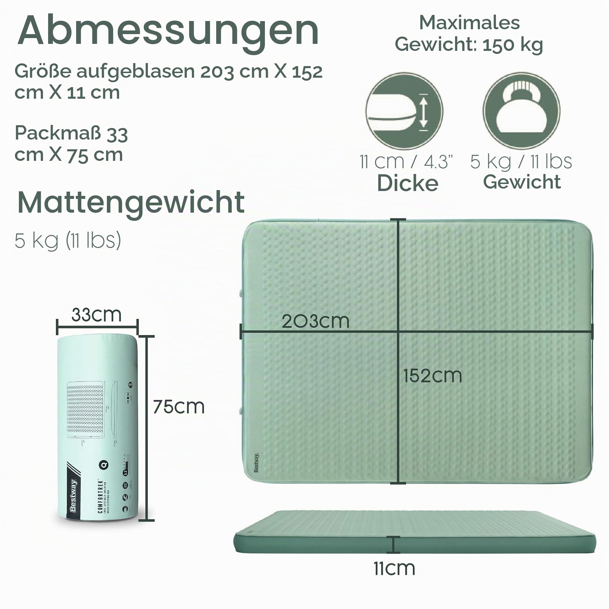 Bestway Selbstaufblasende Doppel-Isomatte ComfortTrek 202,5 x 153 x 11 cm für 2 Personen, Campingmatte mit hohem R-Wert 5,2, Dicke Luftmatratze für Outdoor & Kalte Nächte