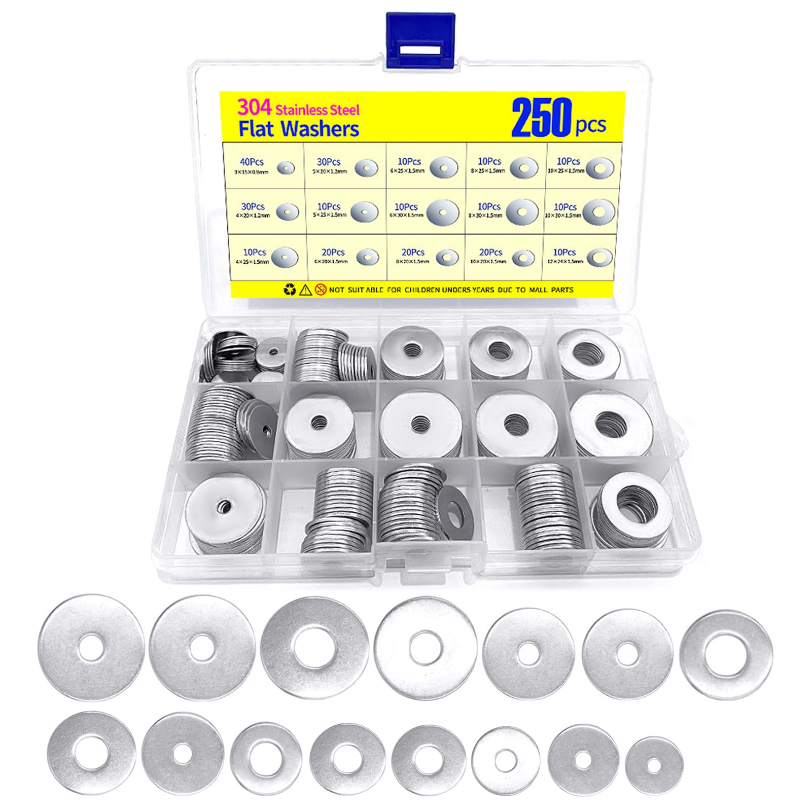 250Pcs Flat Washer Set, Stainless Steel Flat Penny Washers for Screws and Bolts, 15 Sizes M3 M4 M5 M6 M8 M10 M12, Flat Washer Assorted