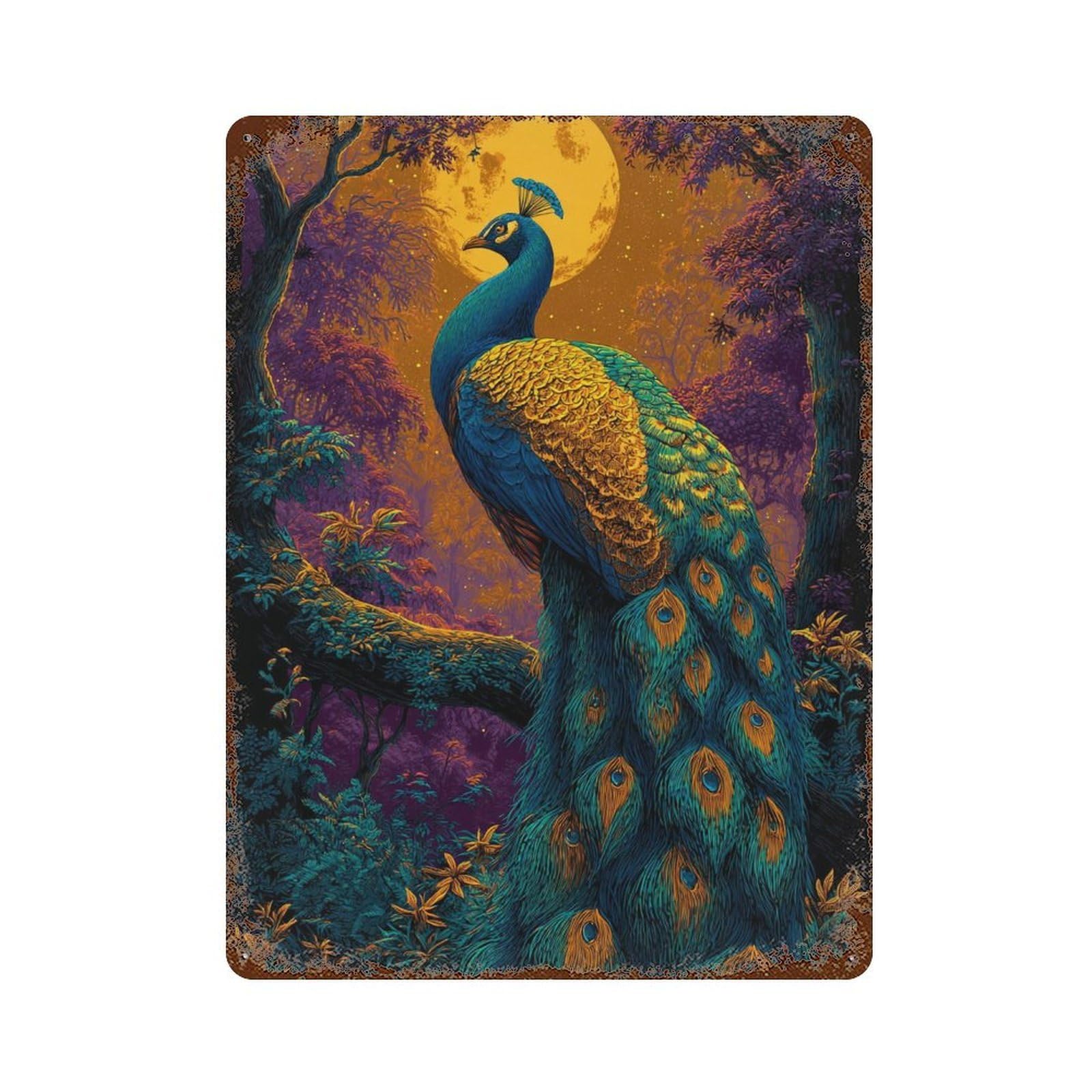 Moonlit Peacock Forest 15.7"x11.8" Retro Metal Sign, Shabby Chic Decor for Garage, Bar And Workshop Decor
