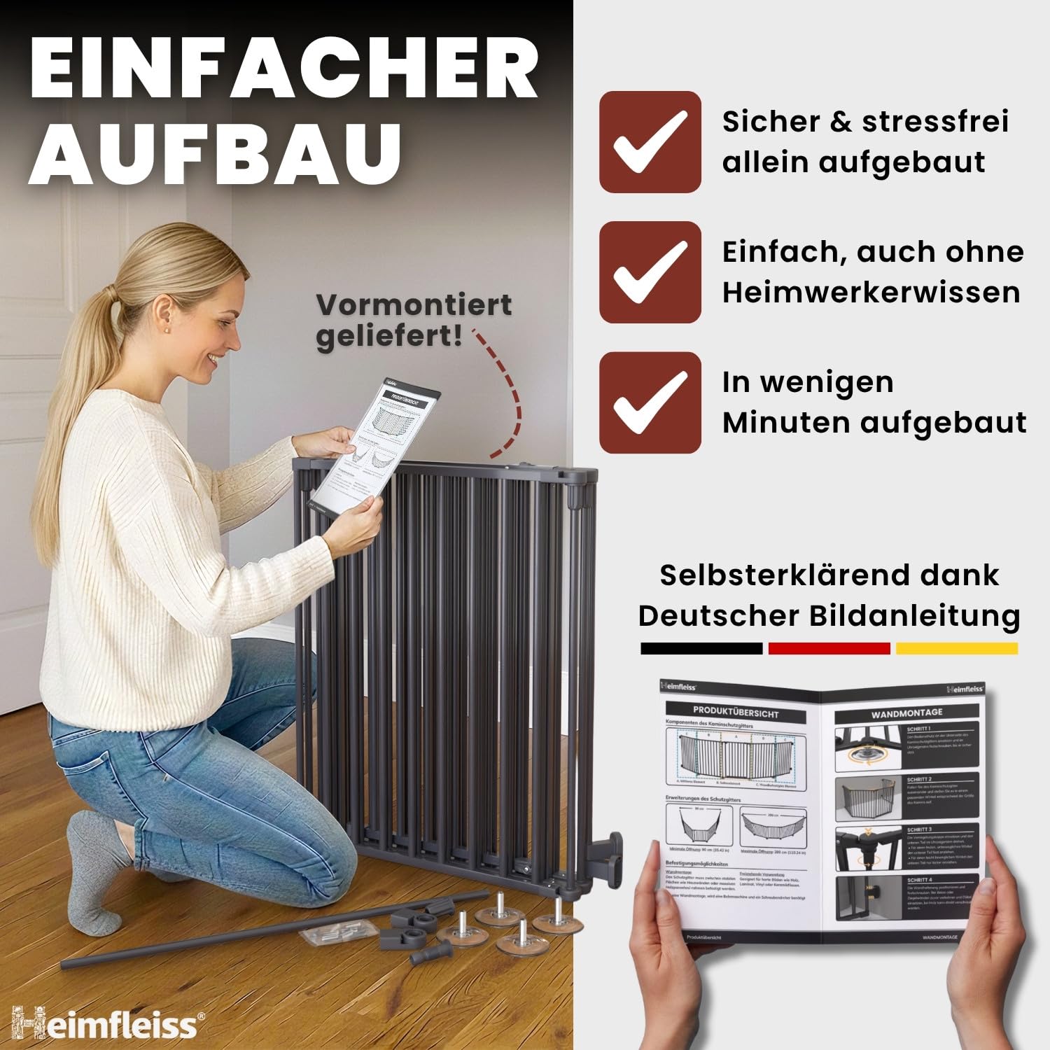 Heimfleiss® Kaminschutzgitter Baby mit Sicherheitsverschluss | Ofenschutzgitter für Kinder & Hunde | Ofengitter Kinderschutz aus Stahl | Verwendbar als Kamingitter, Treppenschutzgitter & Türgitter