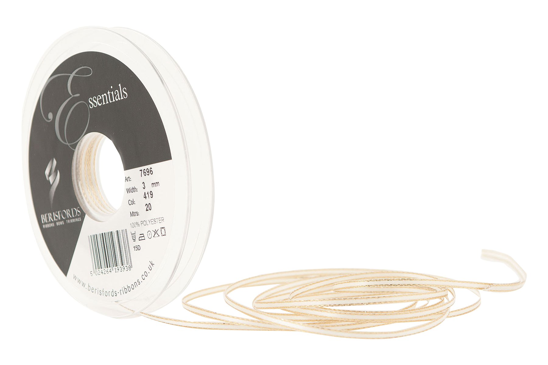 Berisfords Bridal White 3 Mm Polyester Yarn Gold Edge Satin Ribbon,