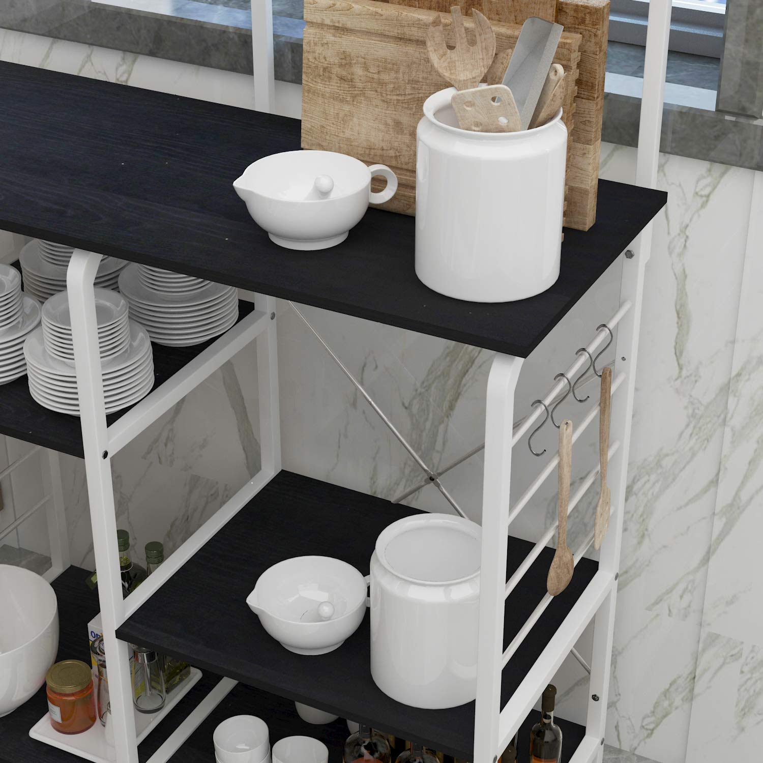 DlandHome Etagères de Cuisine pour Le Stockage, Meuble Rangement Desserte de Cuisine avec 3+4 Tablettes pour Micro-Ondes, Four, Outils de Cuisine, 90L * 42W * 130H cm Noir