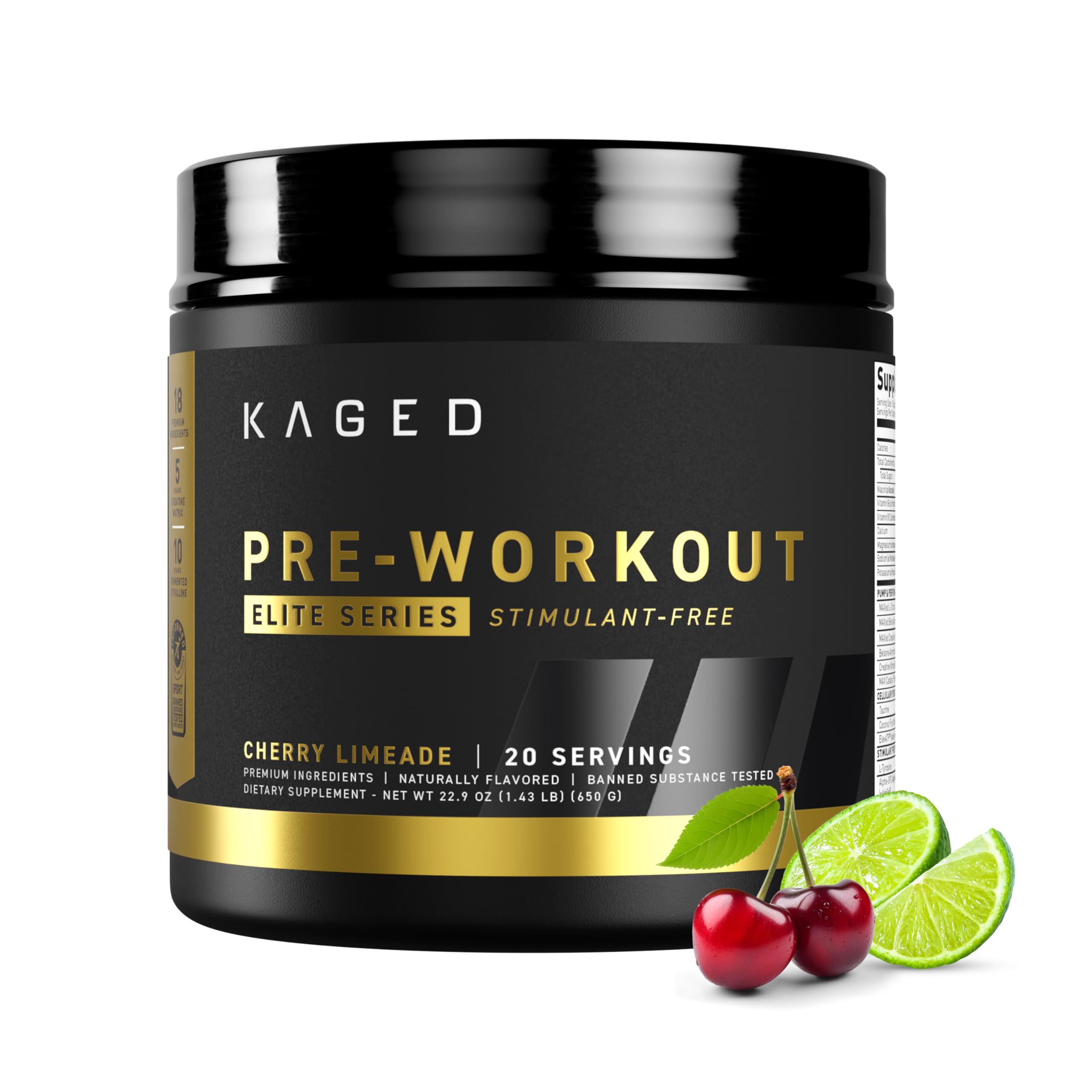 Kaged ' Pre Workout Powder Pre-Workout Elite Stim-Free for Men & Women | Power, Stamina, Focus, Pumps | L-Citrulline, Beta Alanine, Creatine | Caffeine-Free | Cherry Limeade | 20 Servings