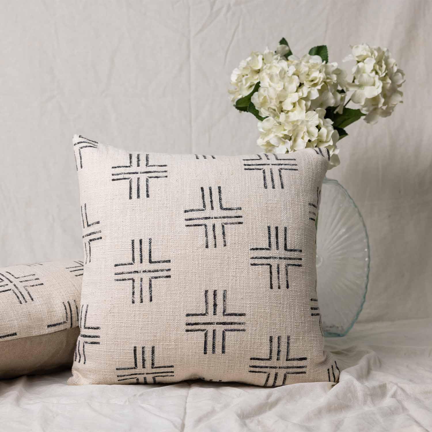 OBEETEE | Crossline Block Printed Cotton Slub Cushion Cover | 18 x 18 | Set of 1