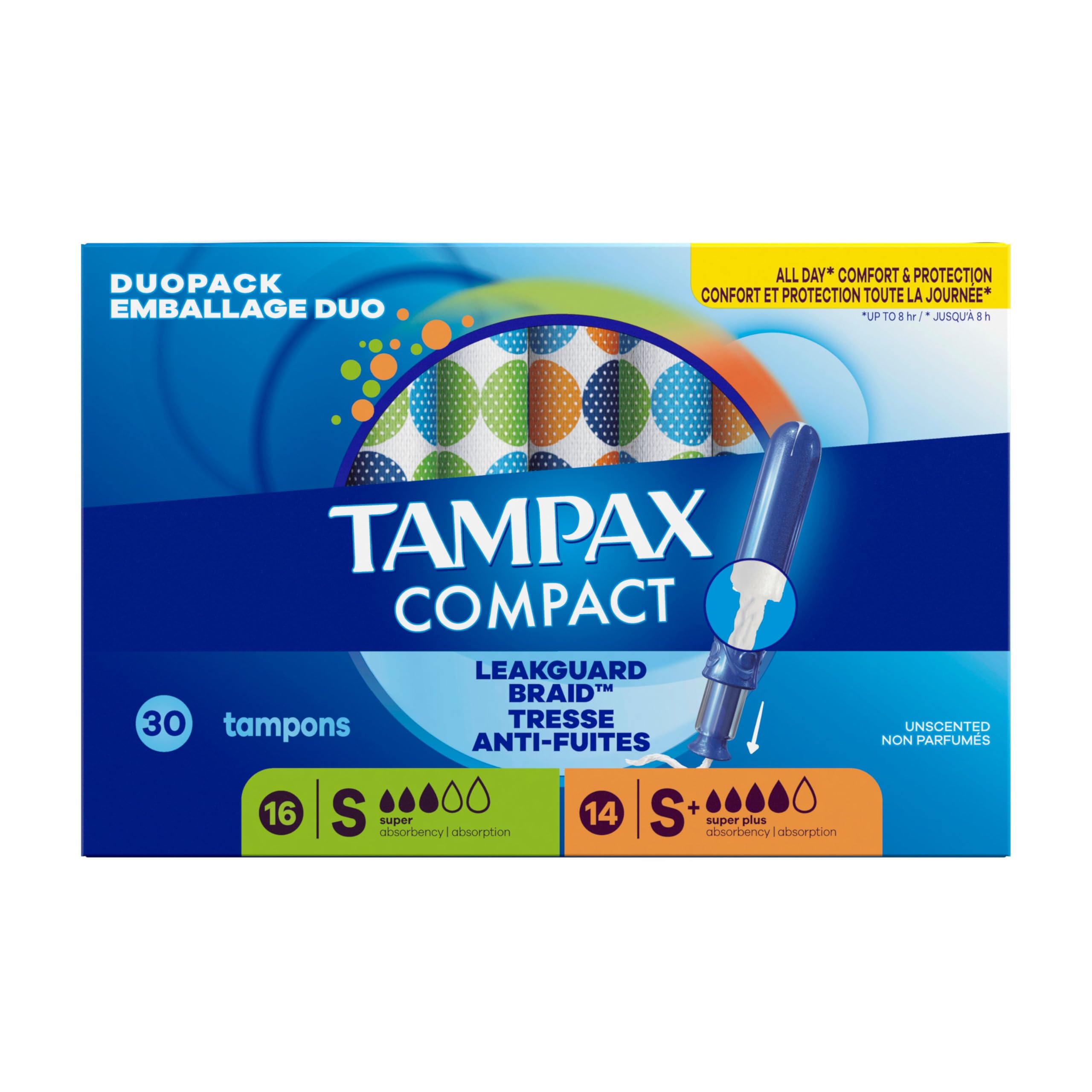 Tampax Compact Pearl Tampons for Women Multipack, with LeakGuard Braid & Extendable Applicator, Super/Super Plus Absorbency, Compact Extendable Applicator, Unscented, 30 Count