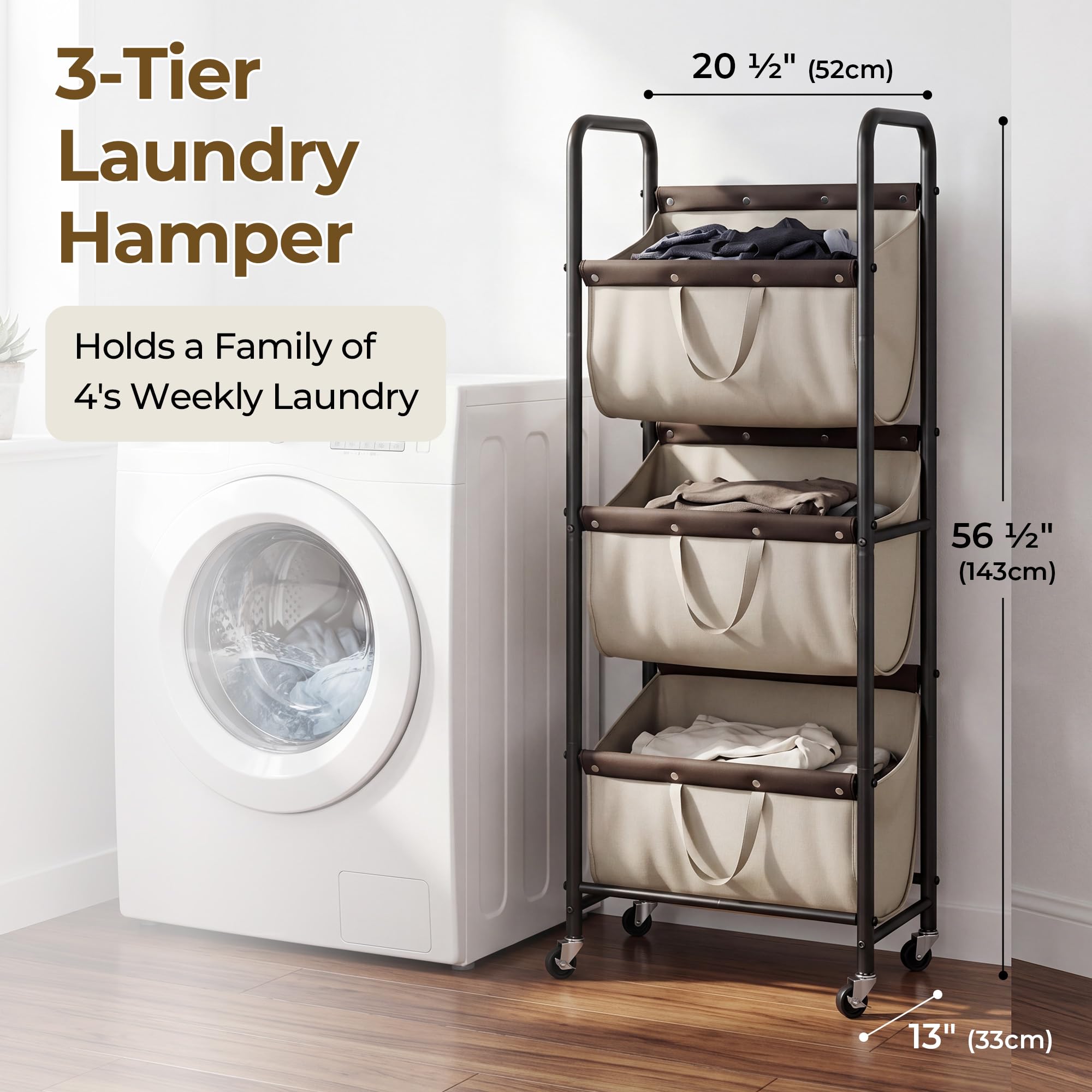 GRANNY SAYS Cesto Ropa Sucia de 3 Lazos, Cesta de Lavandería con Ruedas, Organización y Almacenamiento de Lavandería, Caqui Cesta Ropa Sucia con Ruedas de 3 secciones para Dormitorio, Laundry Basket | Cesta de lavandería resistente de 3 secciones con rued