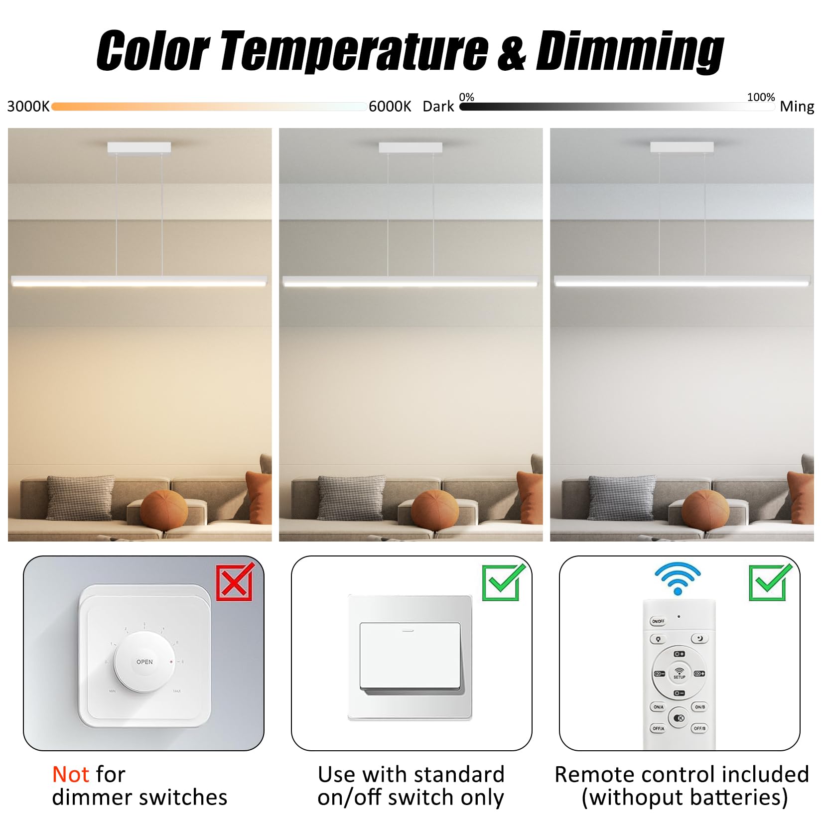 100CM LED Dimmbar Hängelampe, mit Fernbedienung, 36W, Weiß | 3000K/4000K/6000K , Einstellbare Pendelleuchte, Modern Esstisch Hängeleuchte, für Esszimmer, Küche, Büro, Wohnzimmer