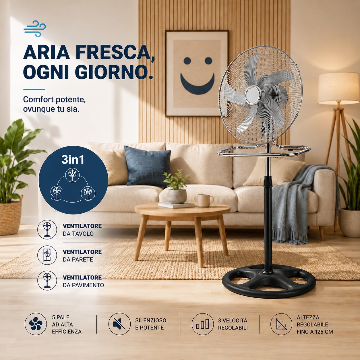 Ventilatore a Piantana 3 in 1 Silenzioso 60W, Ventilatore Tavolo Muro con Altezza Regolabile 125 cm, Oscillazione 90°, 3 Velocità, Timer, Pale Acciaio 40 cm, Casa Ufficio
