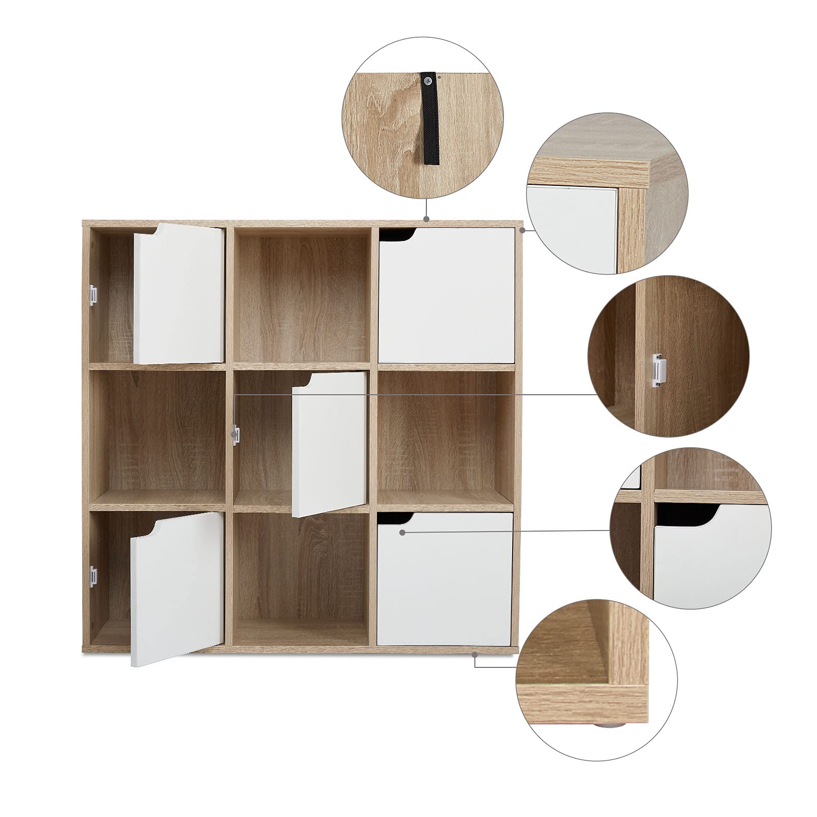 Meerveil Étagère de Rangement 9 Cubes Bibliothèque en Bois Armoire de Rangement, Inclus 4 Cubes Ouvertes et 5 Cubes avec Portes pour Salon Bureau Style Moderne, Chêne