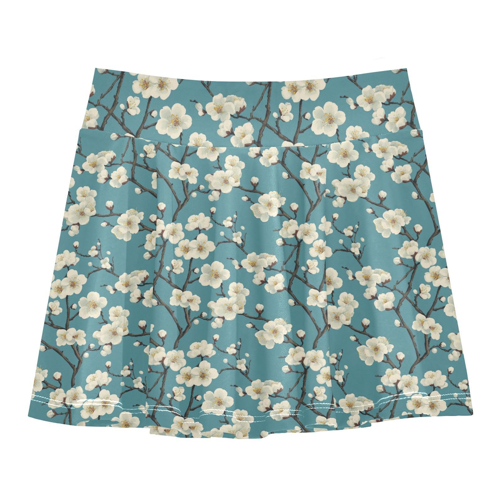 Vintage Florals Flowy Girls Athletic Skirts with Built in Shorts Scort Skirt for Kids Performance SkortsWith Pockets Teal Blue