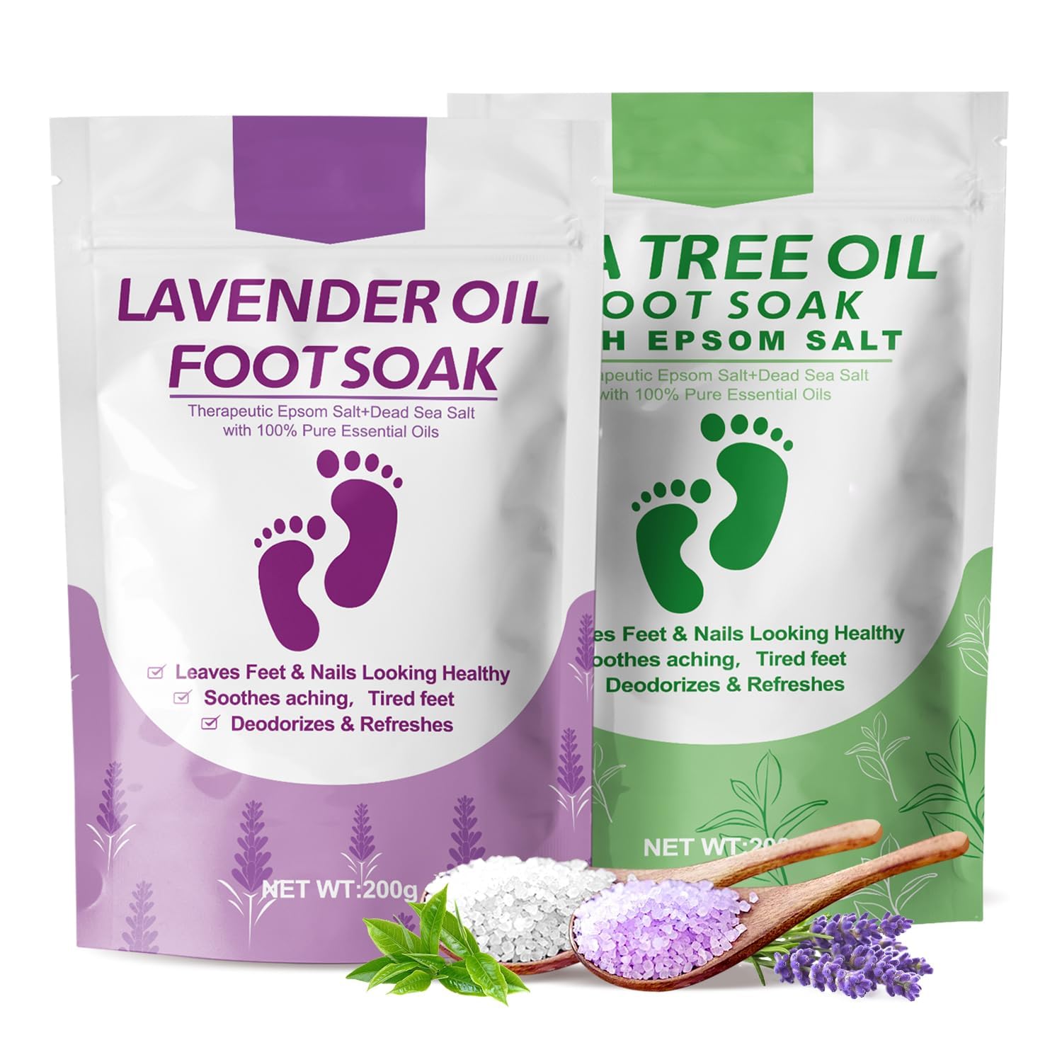 Tea Tree Oil Foot Soak with Epsom Salt, Lavender Oil Feet Soak - For Toenail Repair, Athletes Foot, Softens Calluses, Soothes Sore & Tired Feet, Nail Discoloration, Spa Pedicure Care, pack of 2