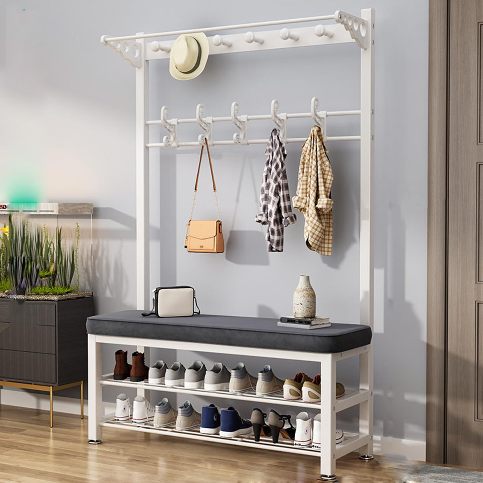 MYUYEE Coat Rack, Hall Tree With Shoe Bench For Entryway, With Shoe Storage Bench 3-In-1 Shoe Rack Different Heights, Entryway Bench With Coat Rack,Wood Look Accent Furniture Wi(C-80Cm)