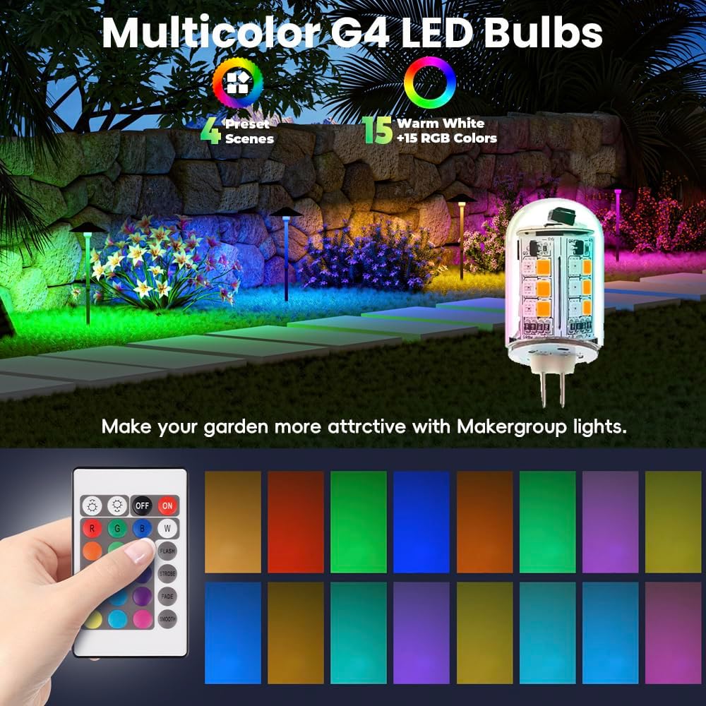RGB T3 G4 Bi-pin LED Bulbs 12V Color Changing, G4 Halogen Bulb Replacement, Warm White+15 Multicolors and Dimmable on Remote Control, Weatherproof for Outdoor Low Voltage Landscape Lighting