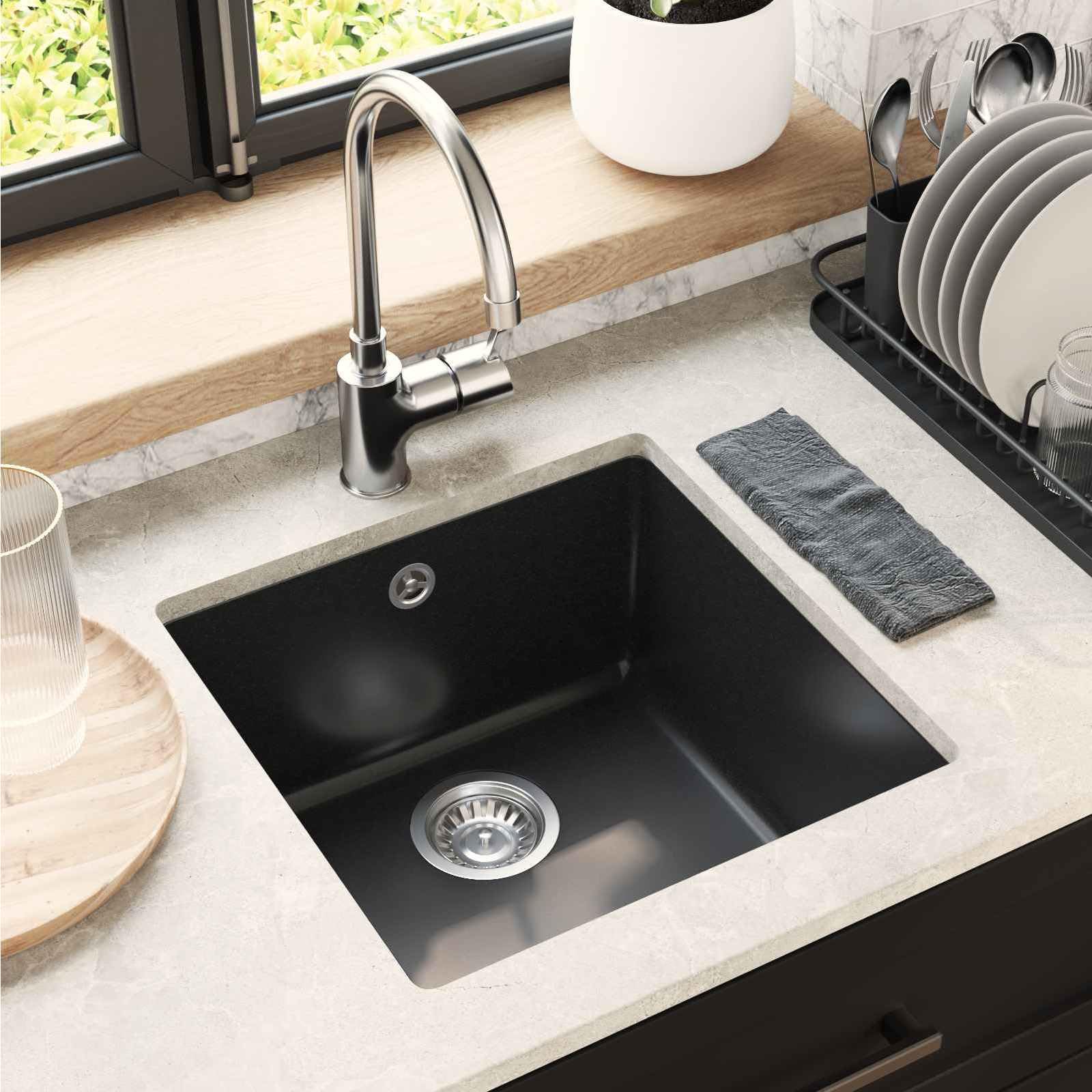 Fregadero de cocina Mangloder negro, 430 x 460 mm, con 80% de cuarzo y 20% de resina, base resistente a arañazos y manchas, ideal para cocinas modernas, granito duradero, fácil montaje, resistente al