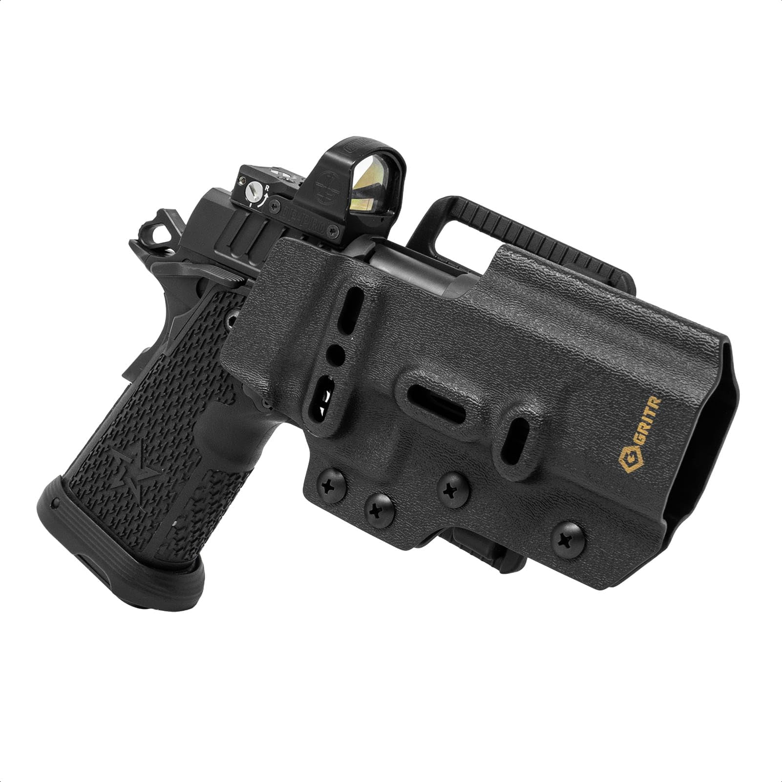 GRITR Ambidextrous OWB Kydex Competition Holster - for USPSA, IDPA, 3-Gun Matches & EDC - Pistol Accessory w/Optic Cut, Open Bottom, Adjustable Retention & Cant
