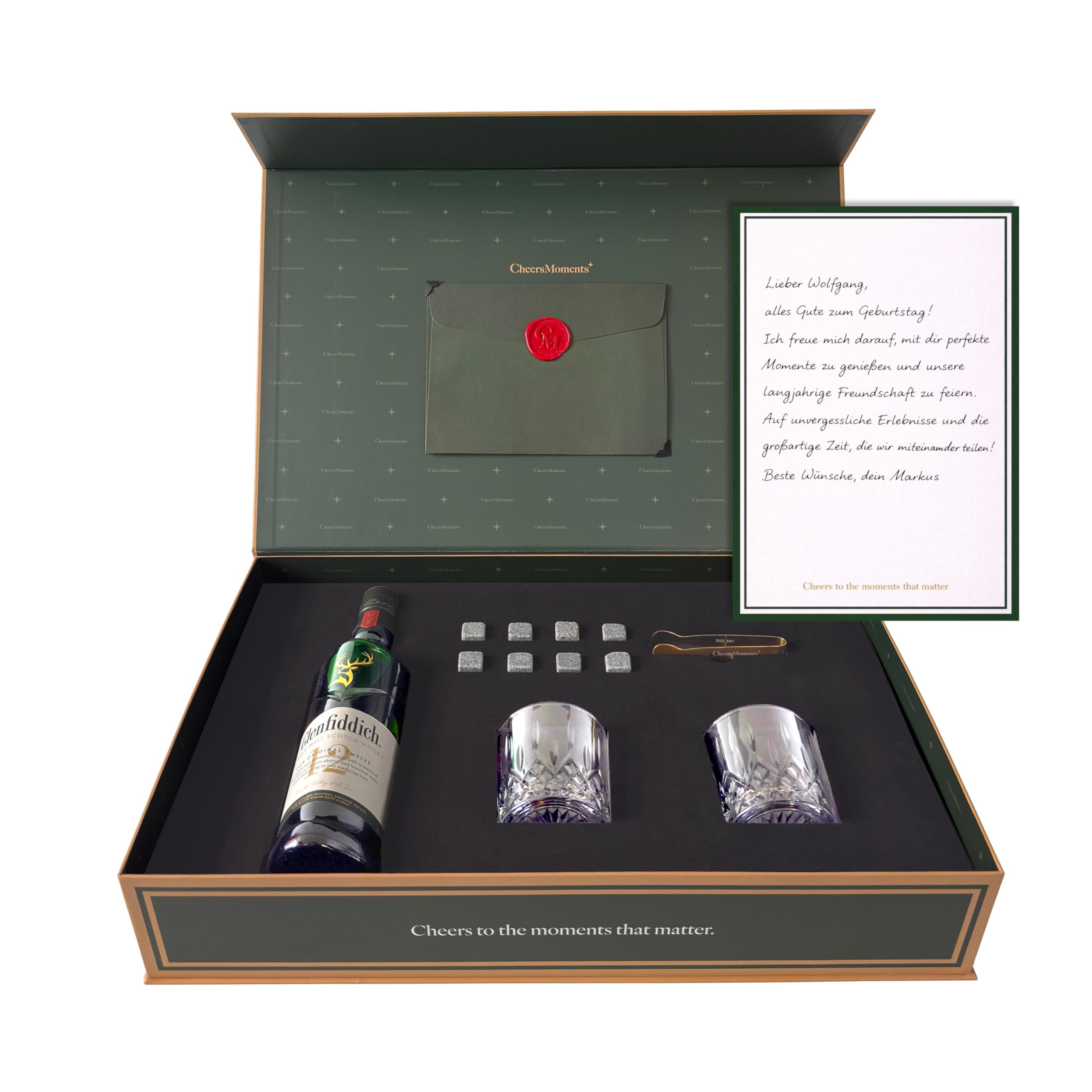 Whisky Geschenkset für Männer mit Glenfiddich 12 – Premium Geschenkbox mit 2 Whiskygläsern, Kühlsteinen, Eiszange & handgeschriebener Grußkarte – Geschenk für Vater, Freund, Ehemann & Geburtstag
